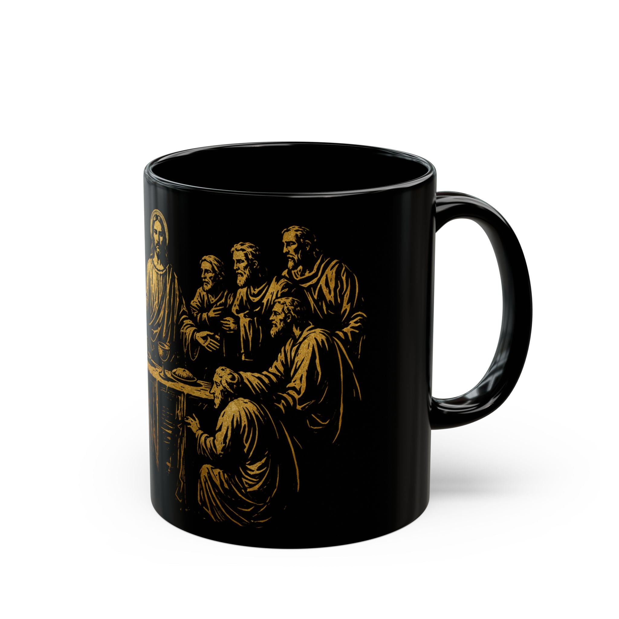 The Last Supper Black Ceramic Mug — Gold Religious Coffee Cup (11oz/15oz)