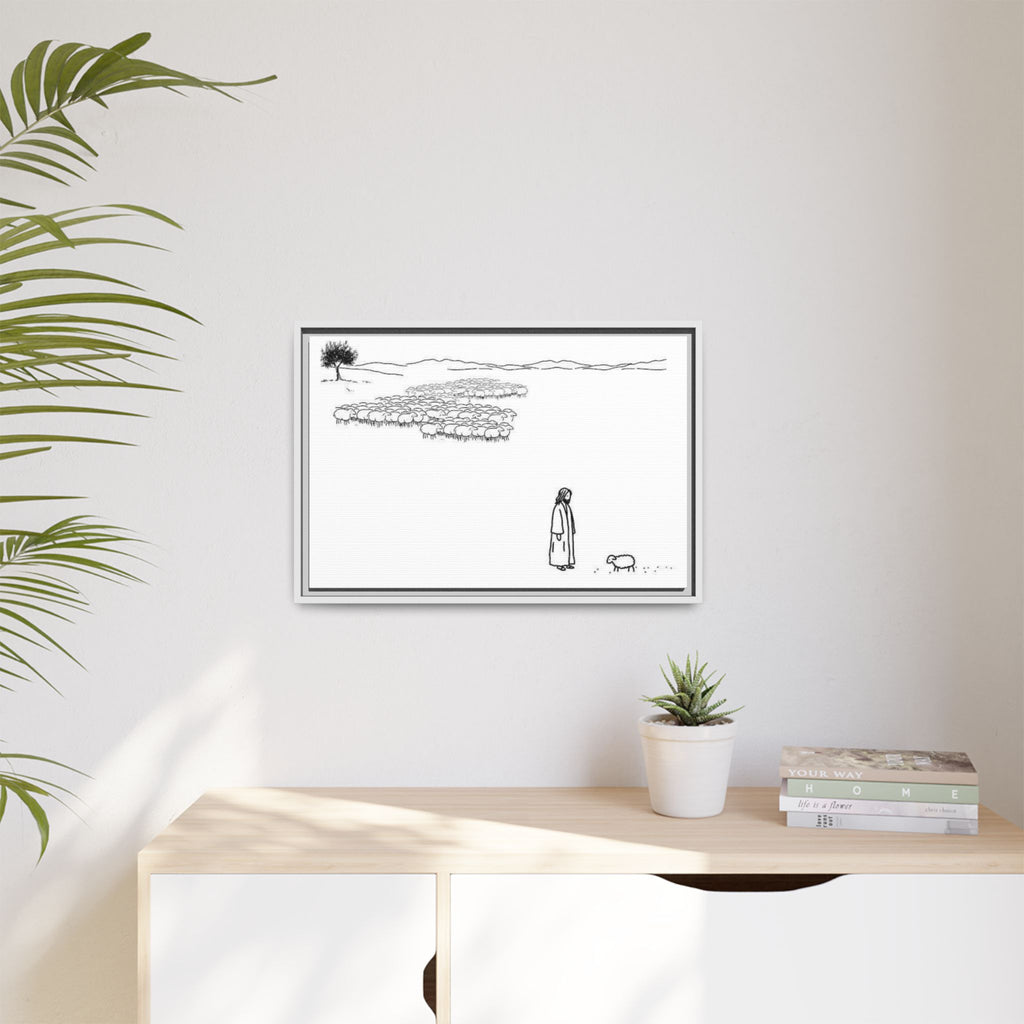 Framed Matte Canvas Print — Minimal The Good Shepherd & Flock Line Art