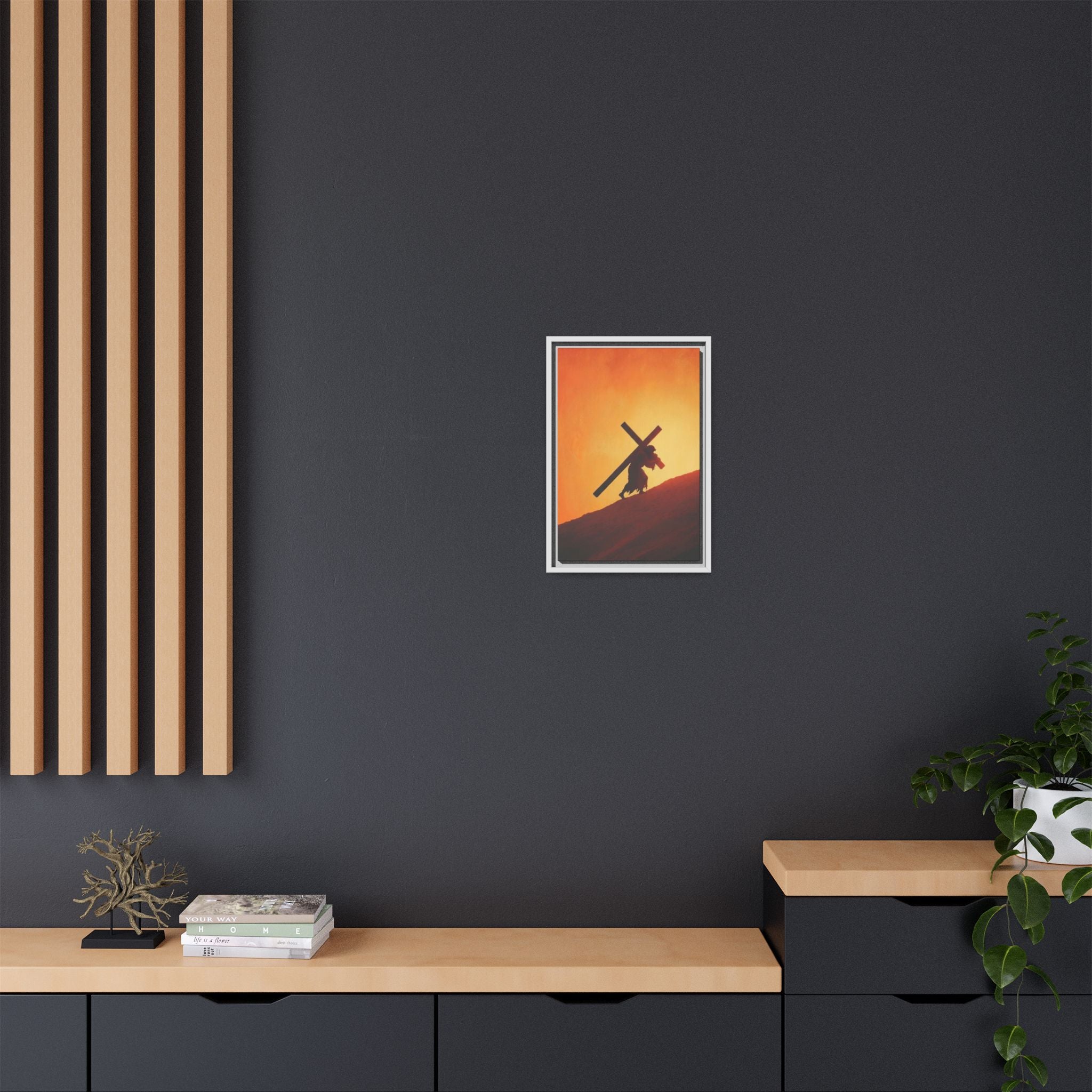 Jesus Christ Carrying Cross Framed Canvas — 'The World On His Shoulder' Sunset Art