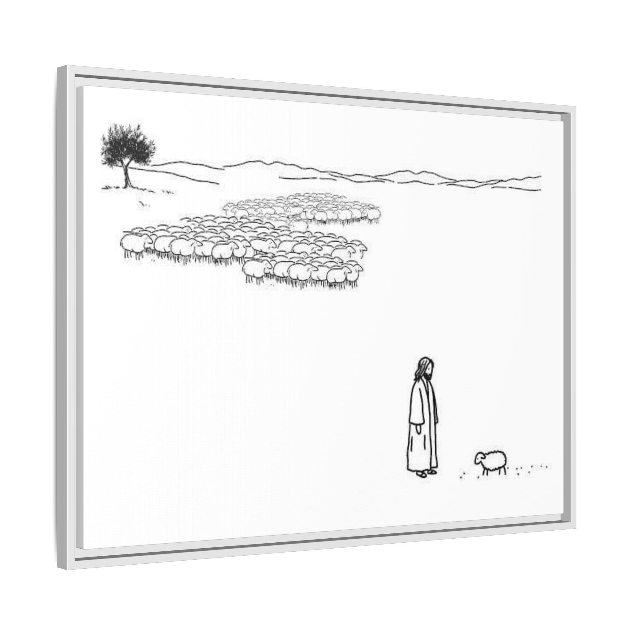 Framed Matte Canvas Print — Minimal The Good Shepherd & Flock Line Art