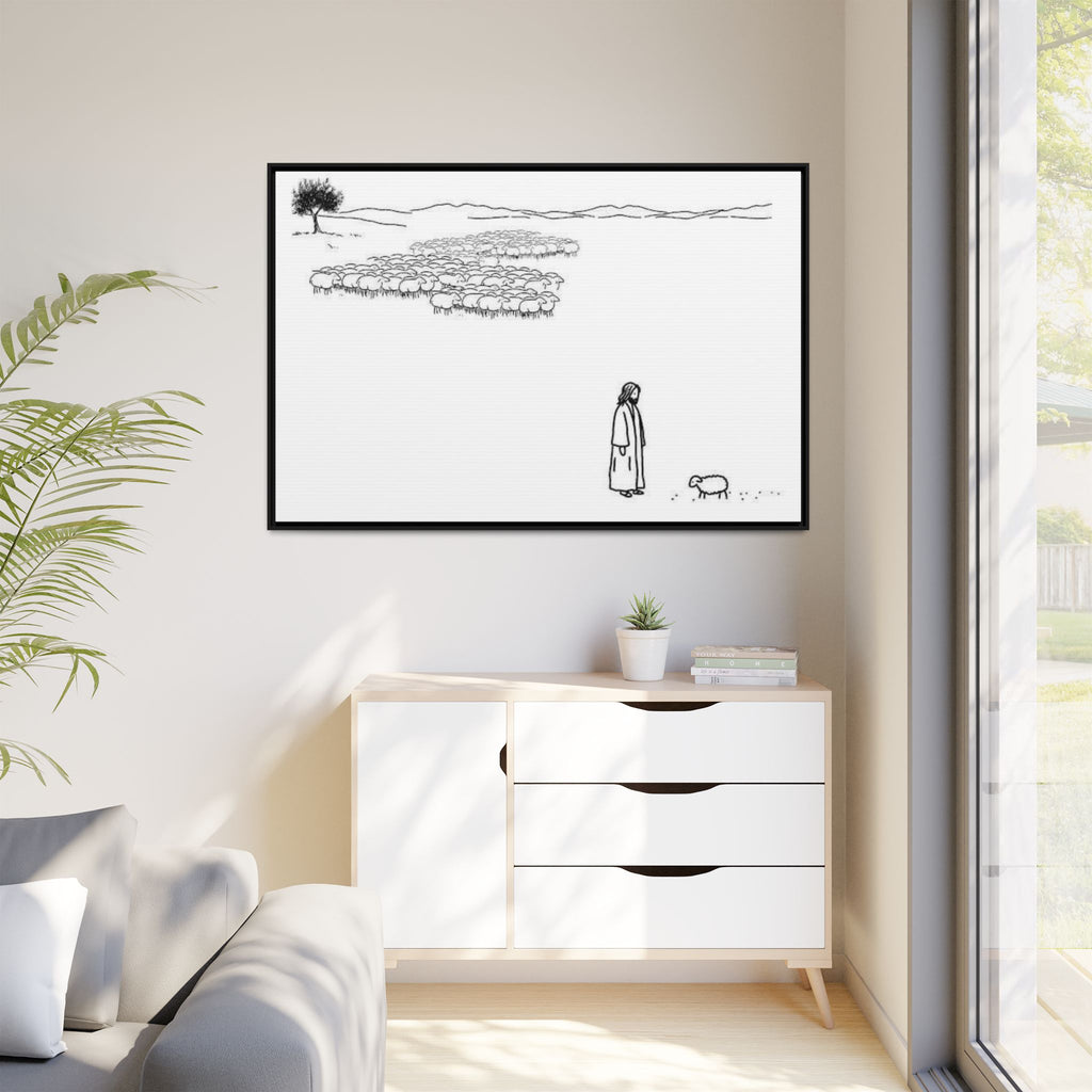 Framed Matte Canvas Print — Minimal The Good Shepherd & Flock Line Art