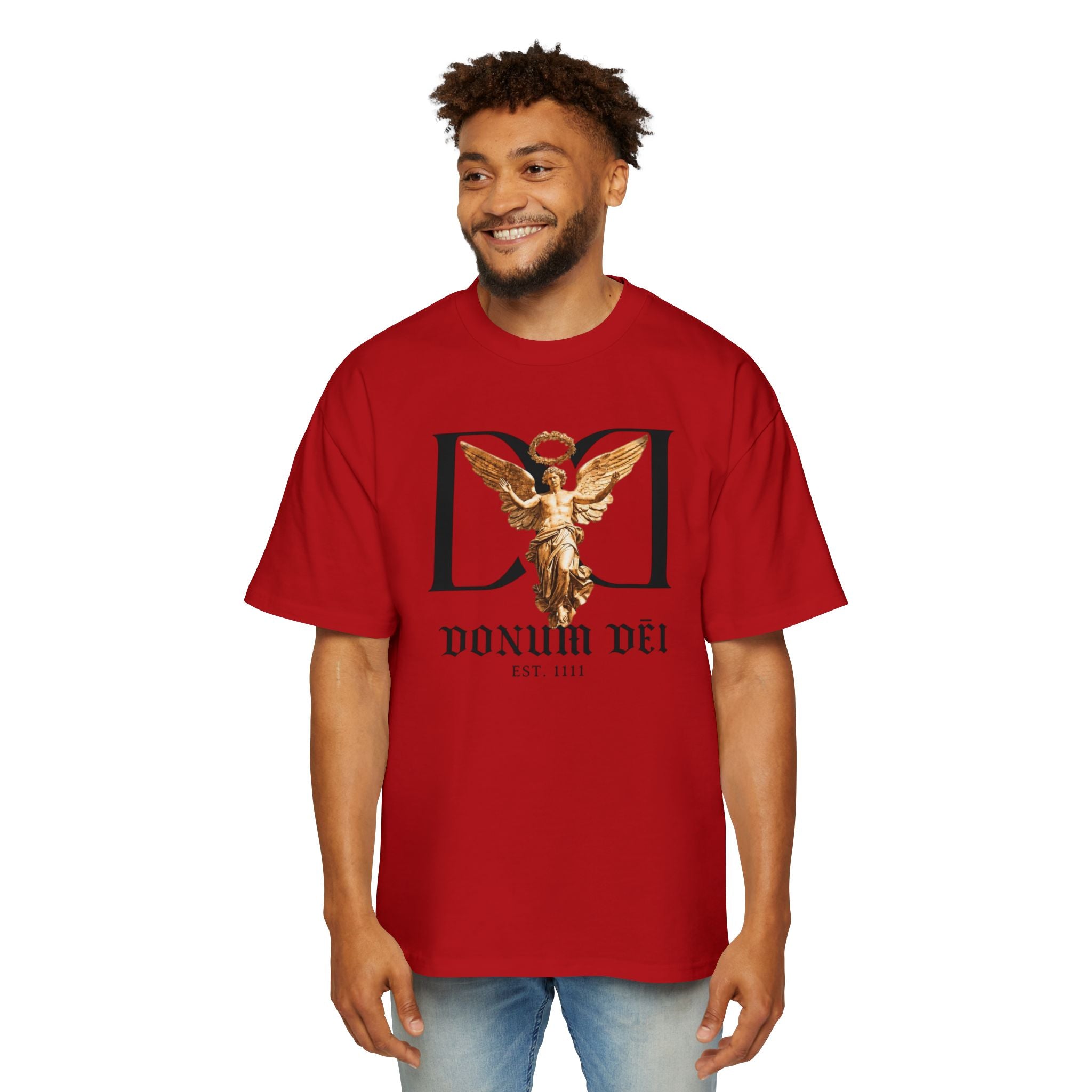 Donum Dei Angel Graphic Tee — Vintage Roman Lettering Men’s Oversized T‑Shirt