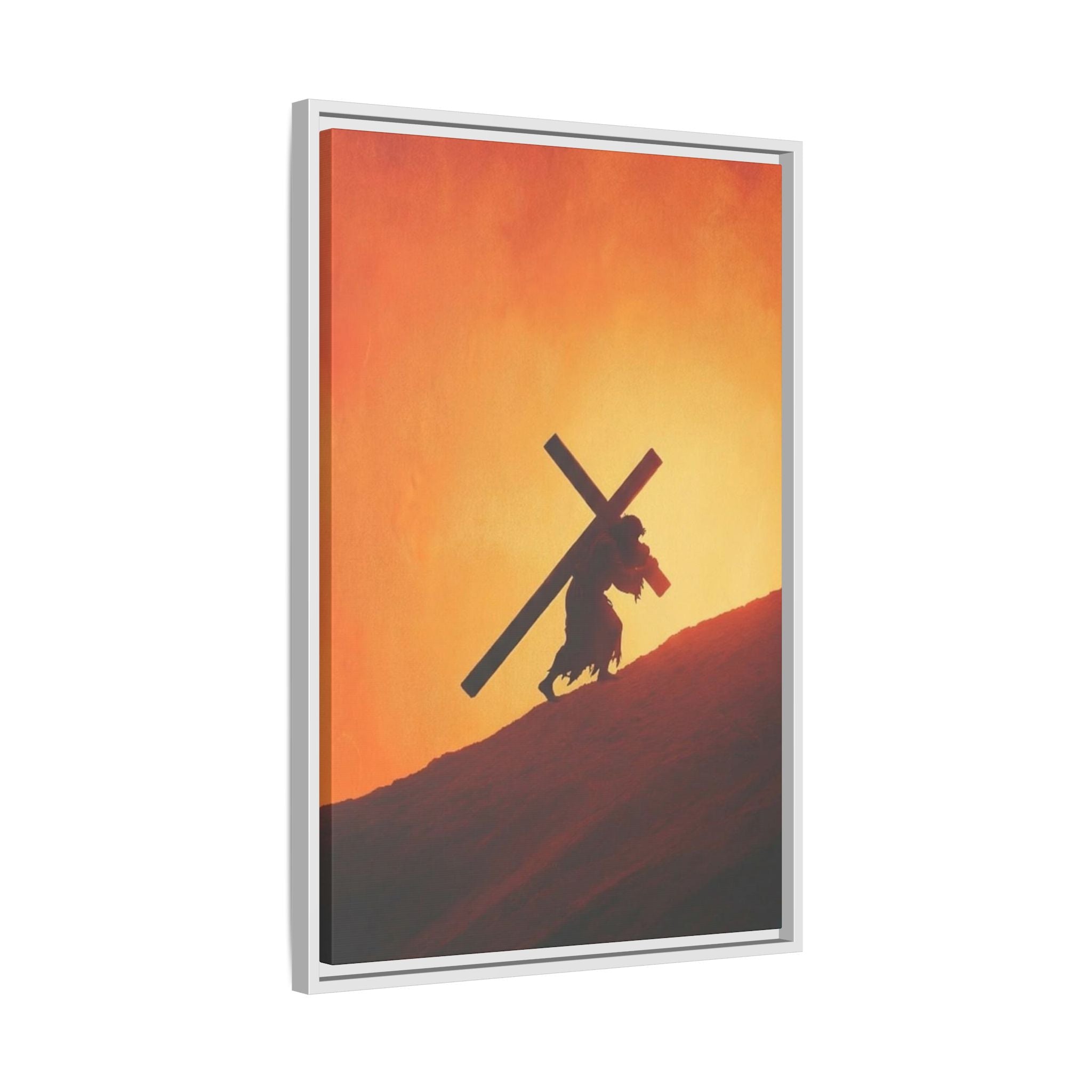 Jesus Christ Carrying Cross Framed Canvas — 'The World On His Shoulder' Sunset Art