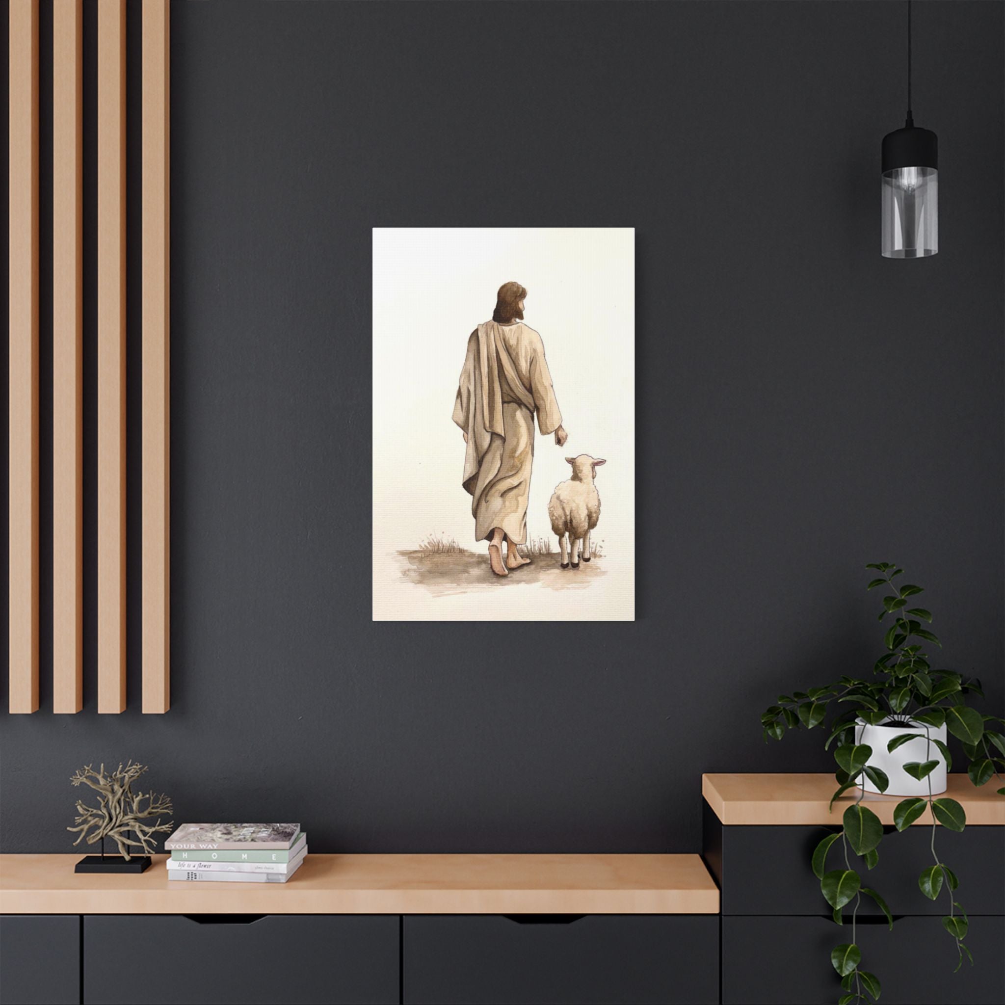 Jesus with Lamb Satin Canvas Wall Art – Christian Religious Stretched Canvas