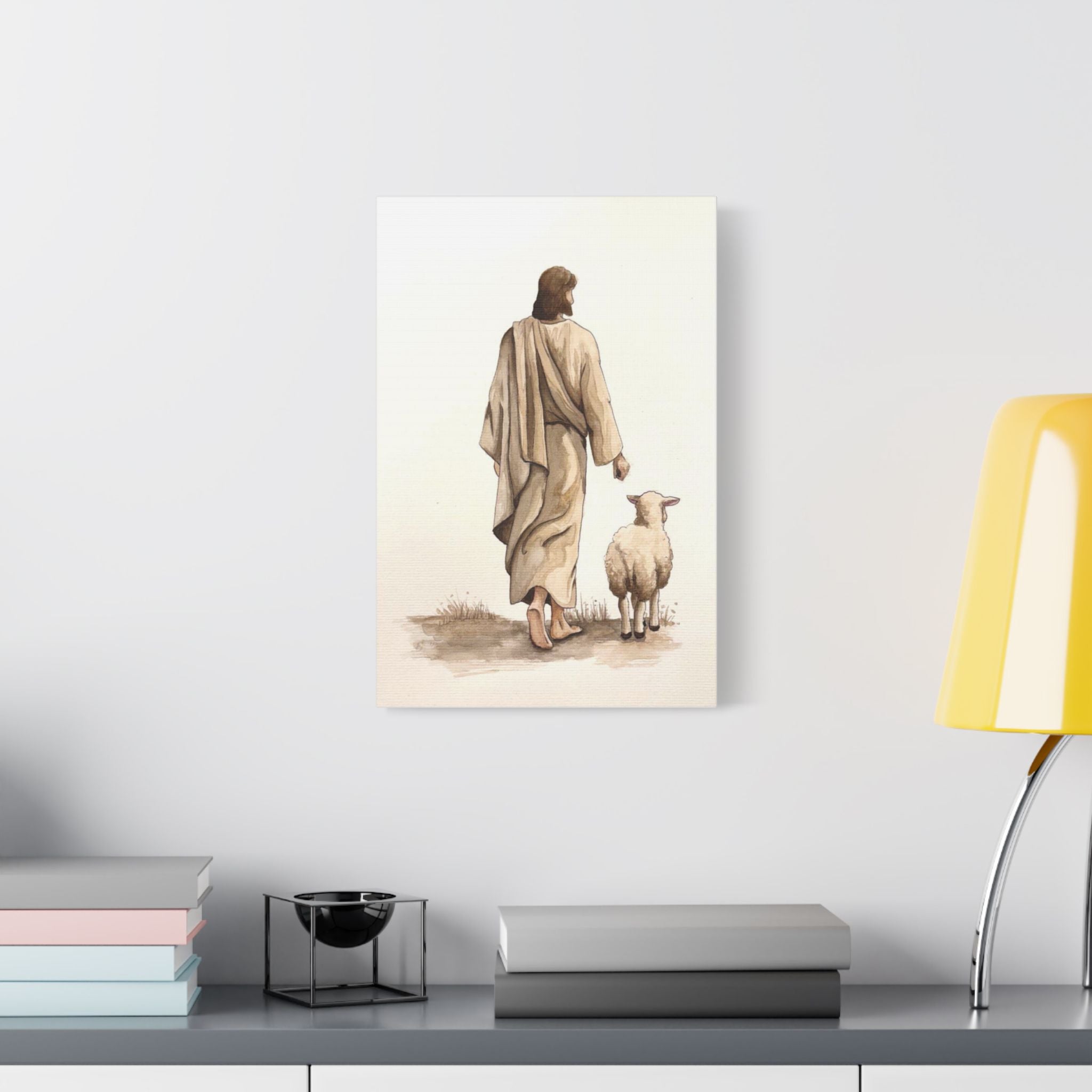 Jesus with Lamb Satin Canvas Wall Art – Christian Religious Stretched Canvas