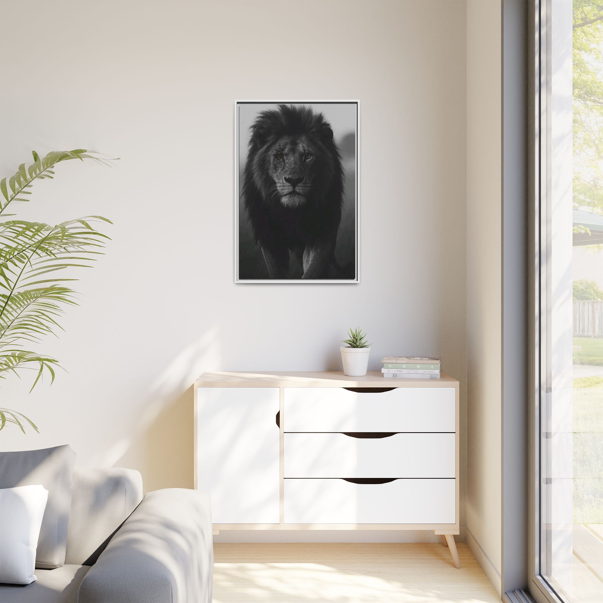 Framed Matte Canvas Lion Wall Art – Black & White Majestic Lion Print