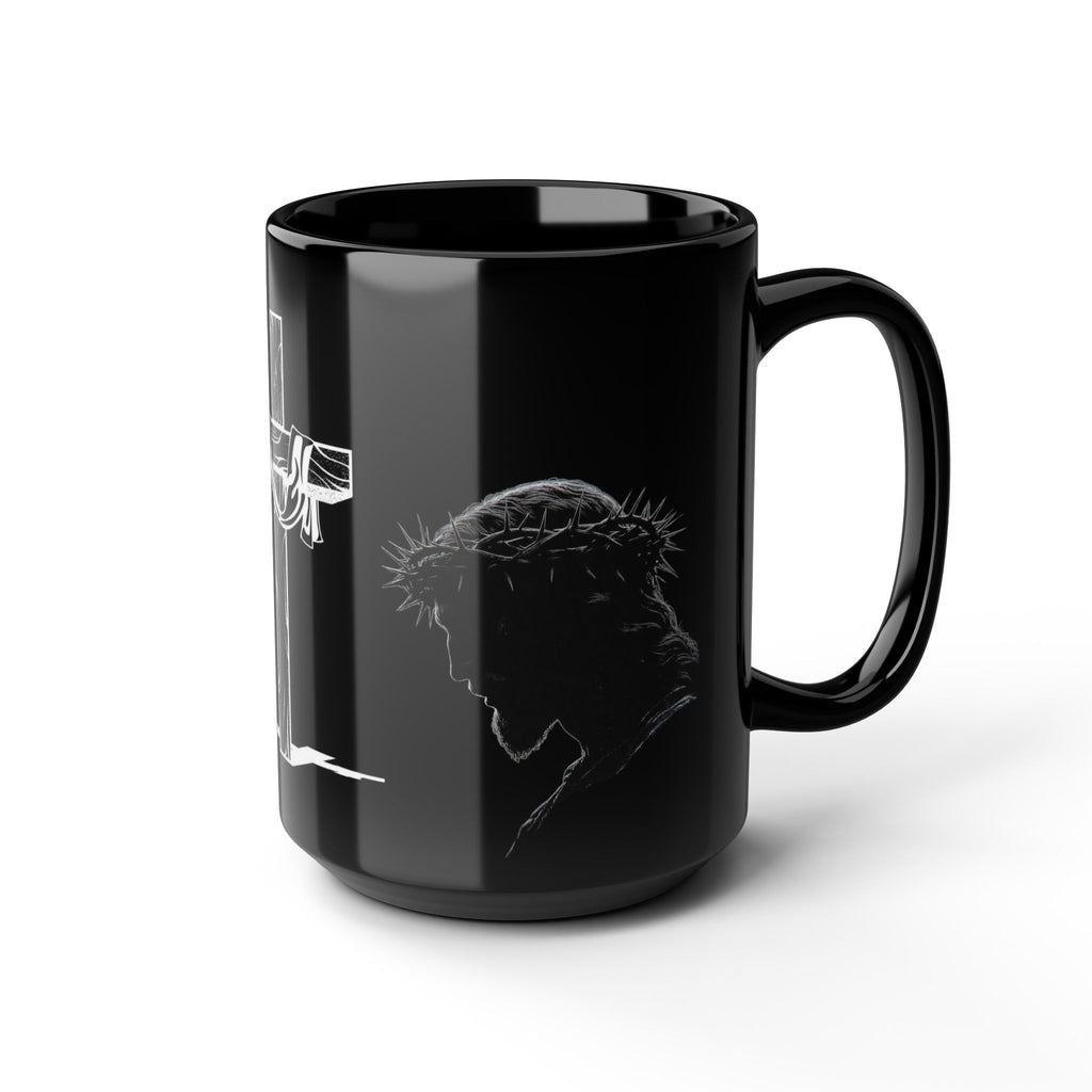 Christian Cross & Crown of Thorns Black Coffee Mug — Inspirational Scripture Gift (11oz/15oz)