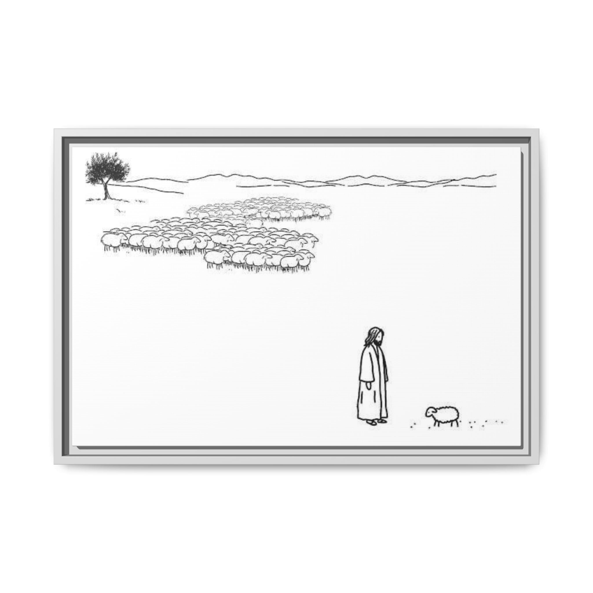 Framed Matte Canvas Print — Minimal The Good Shepherd & Flock Line Art