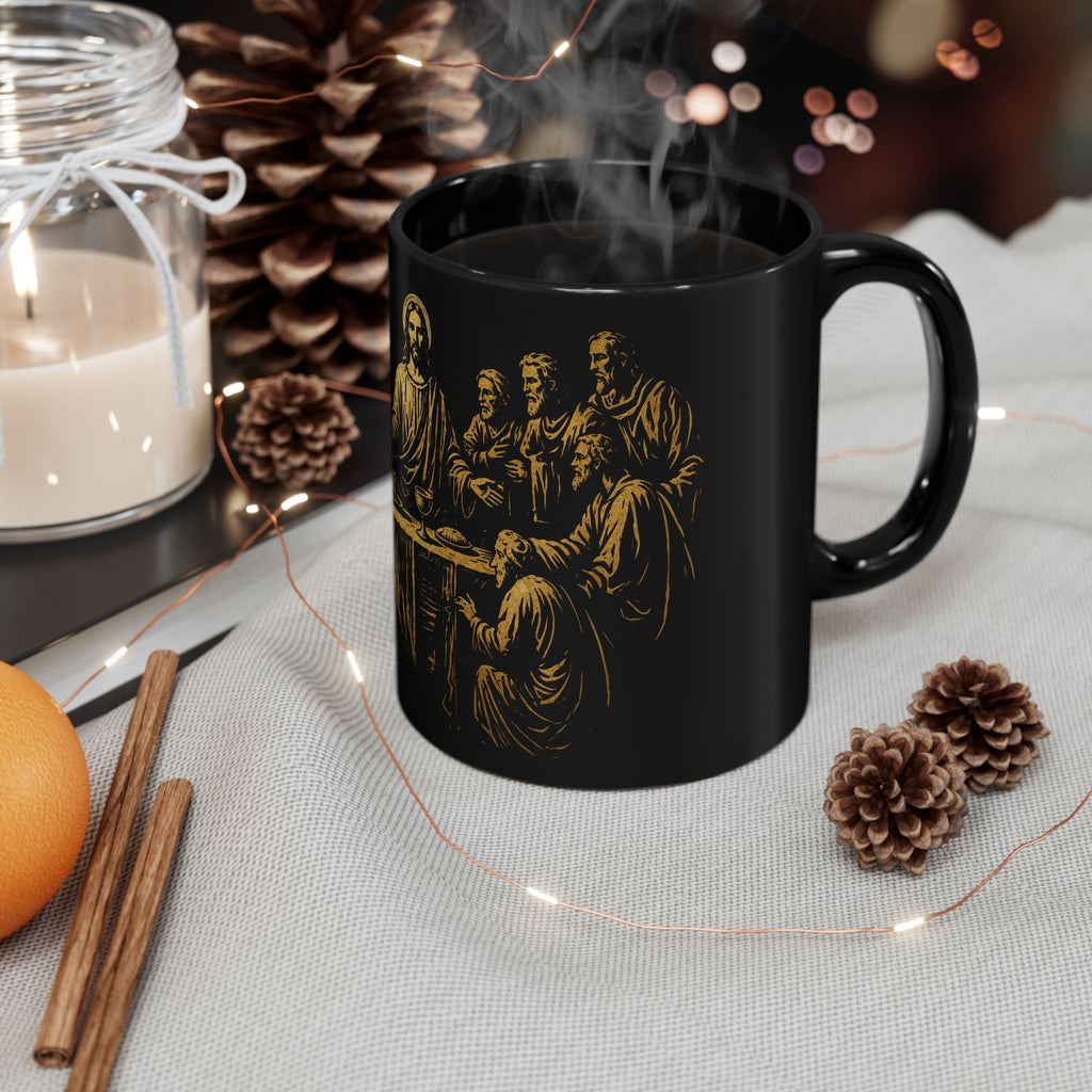 The Last Supper Black Ceramic Mug — Gold Religious Coffee Cup (11oz/15oz)