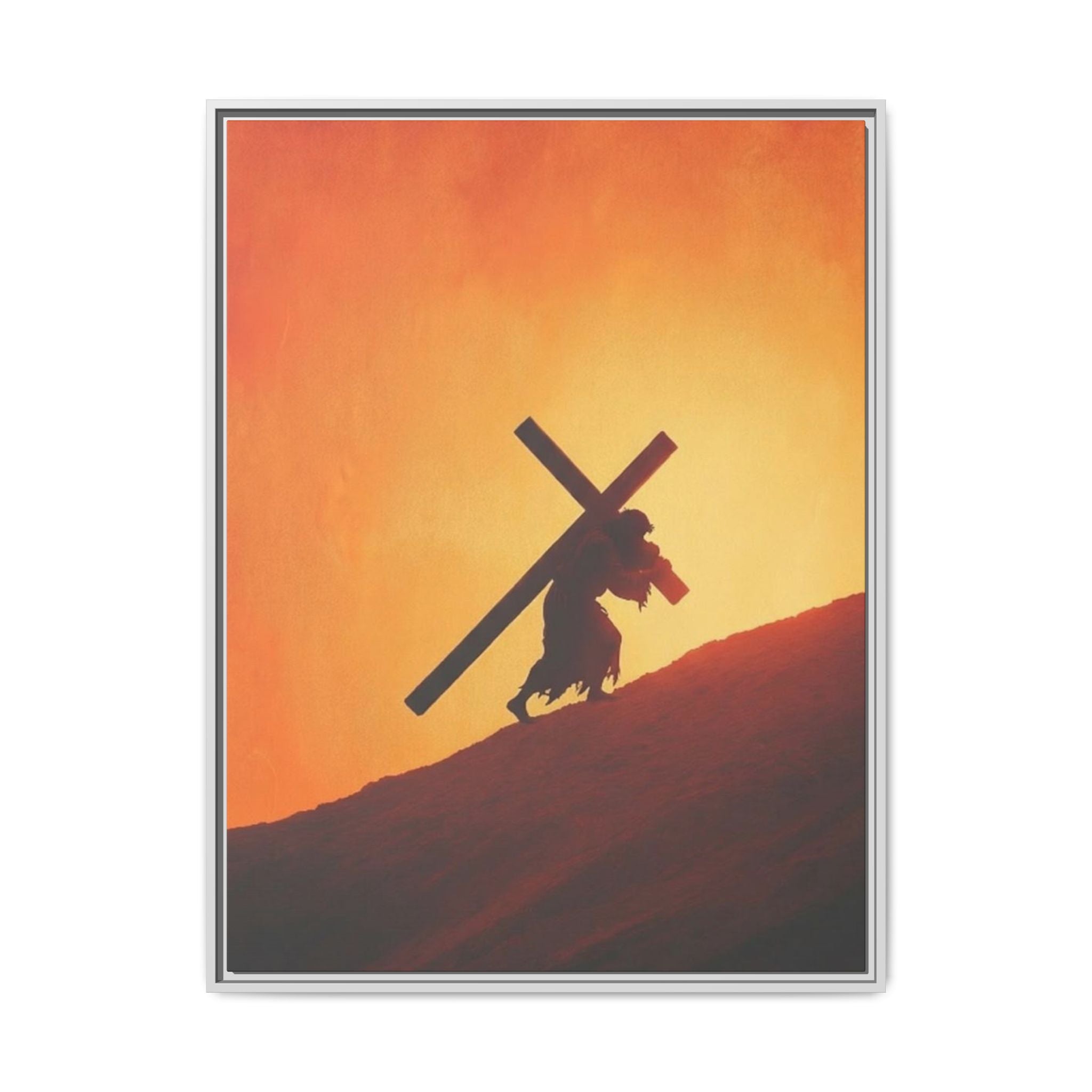 Jesus Christ Carrying Cross Framed Canvas — 'The World On His Shoulder' Sunset Art