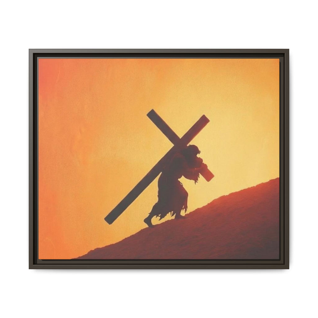 Jesus Christ Carrying Cross Framed Canvas — 'The World On His Shoulder' Sunset Art