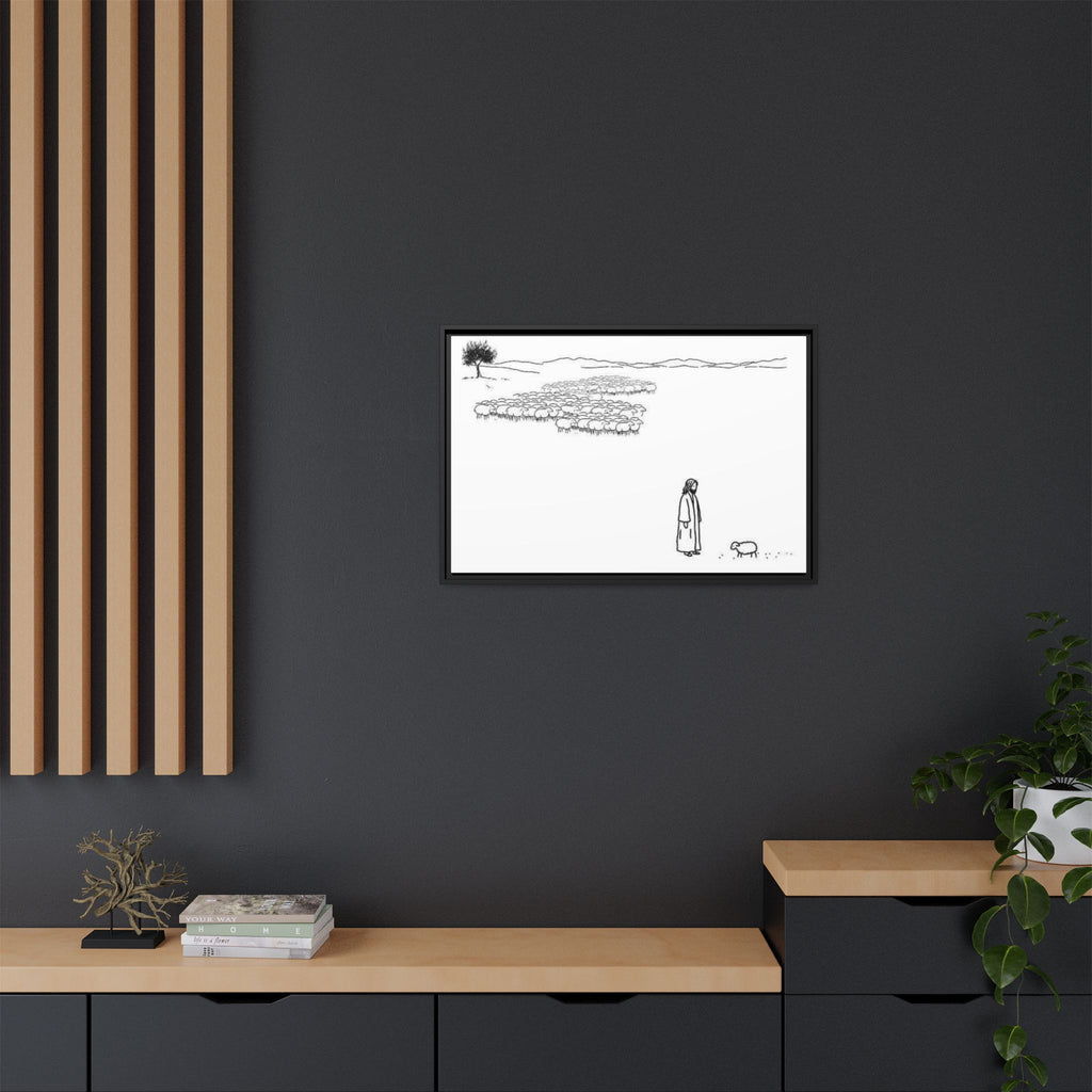 Framed Matte Canvas Print — Minimal The Good Shepherd & Flock Line Art