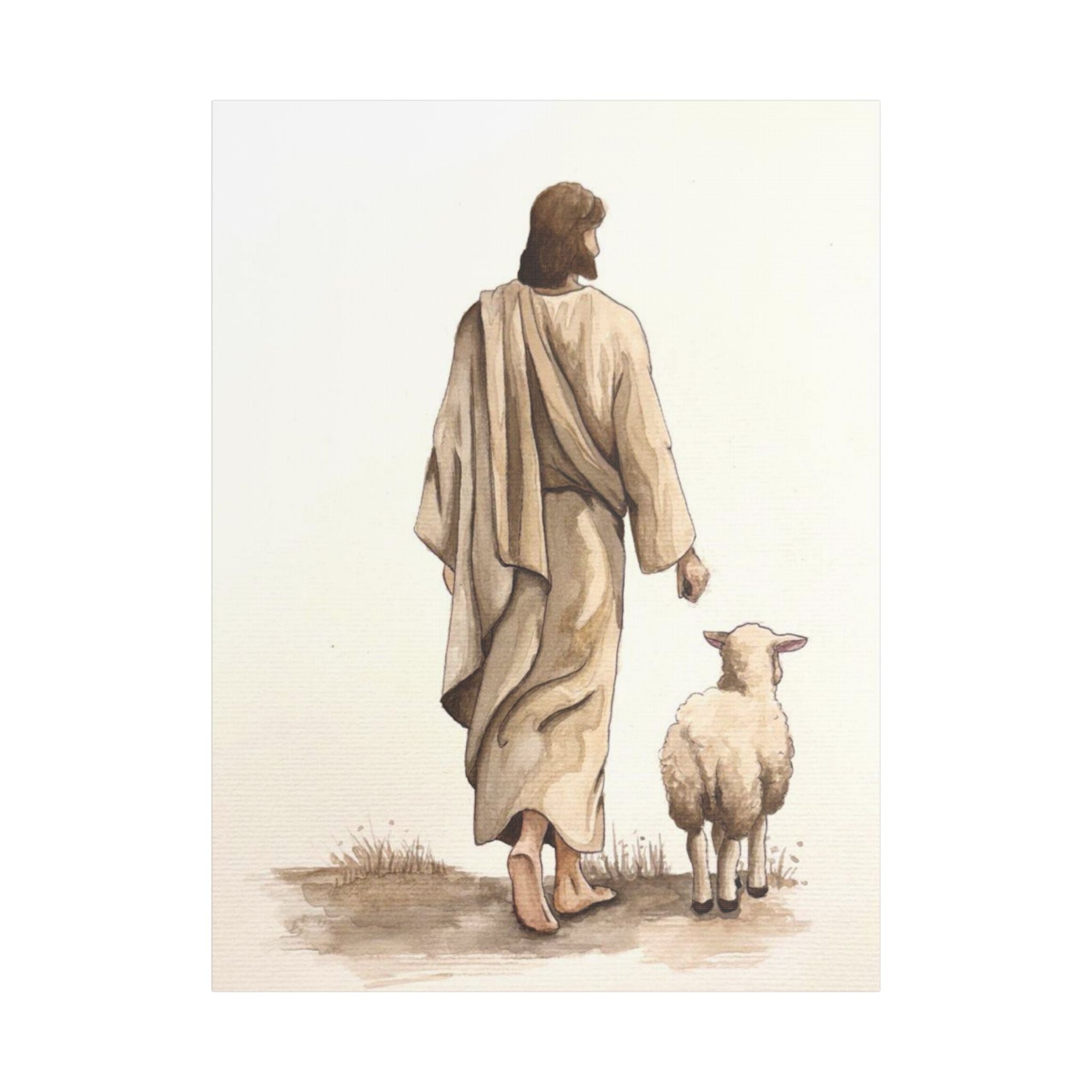 Jesus with Lamb Satin Canvas Wall Art – Christian Religious Stretched Canvas