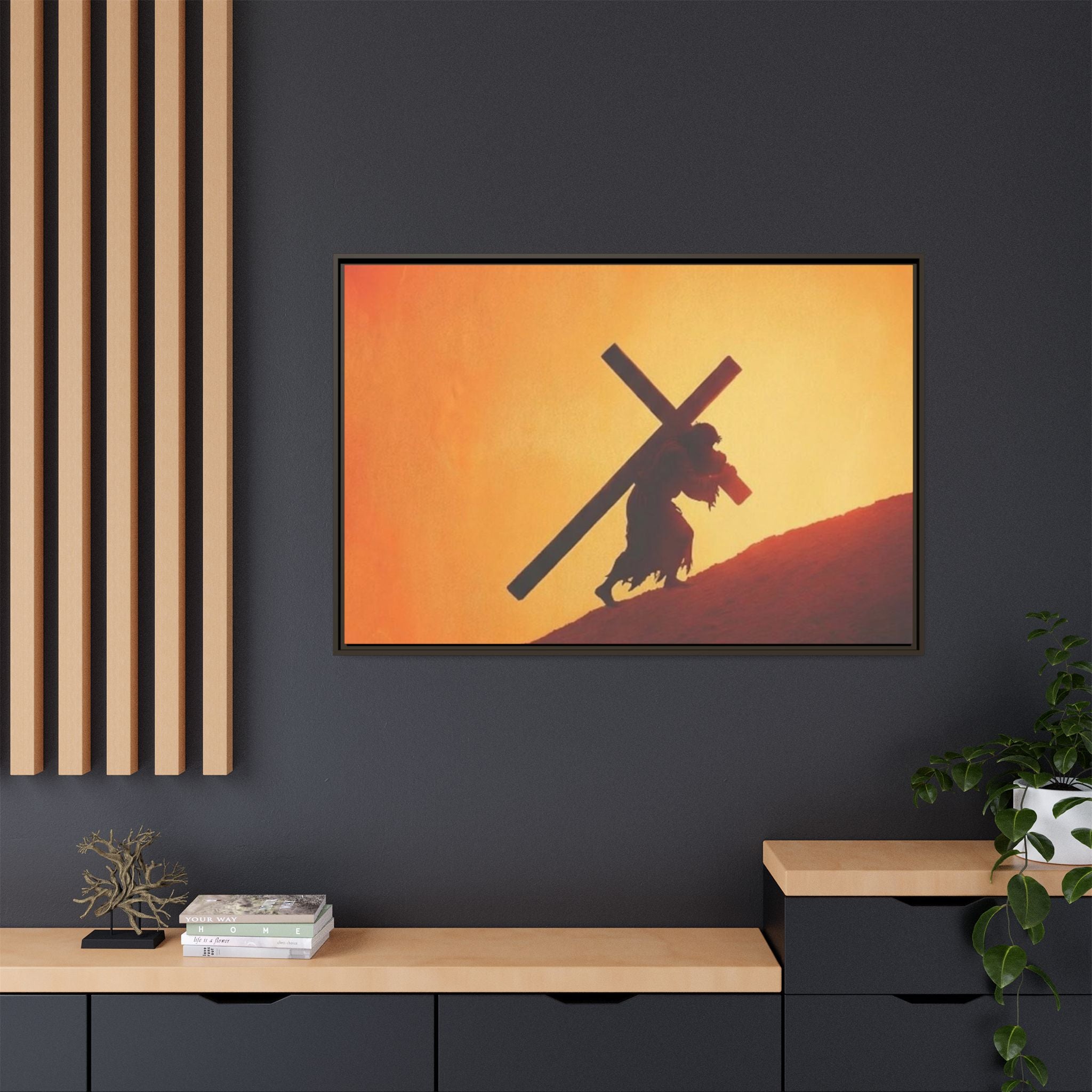 Jesus Christ Carrying Cross Framed Canvas — 'The World On His Shoulder' Sunset Art