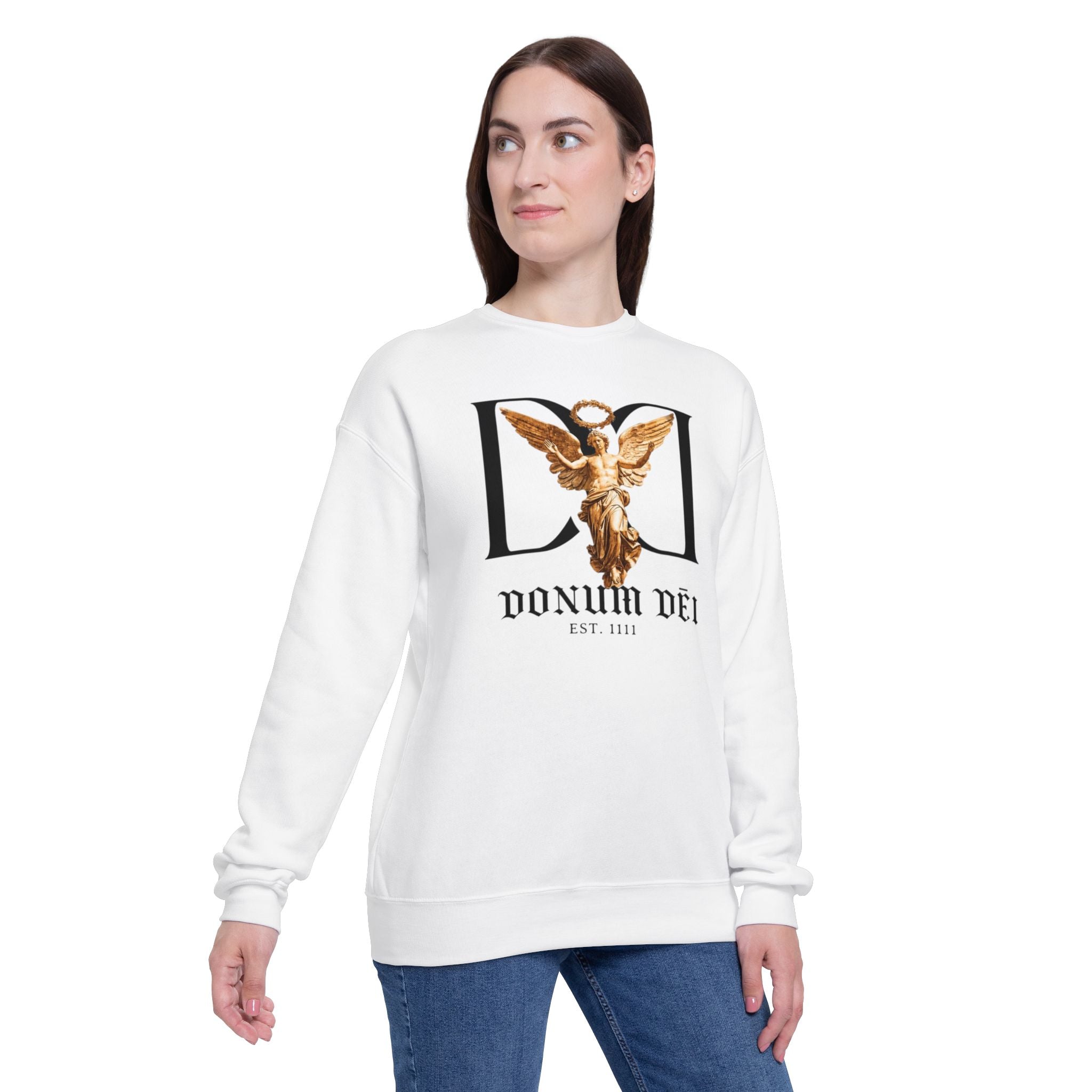 Donum Dei Angel Graphic Sweatshirt — Vintage Roman Lettering