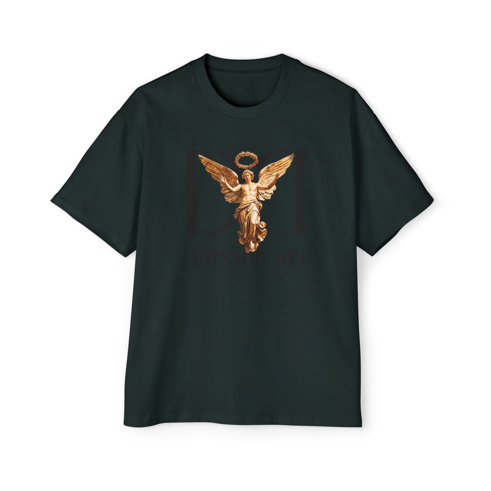 Donum Dei Angel Graphic Tee — Vintage Roman Lettering Men’s Oversized T‑Shirt