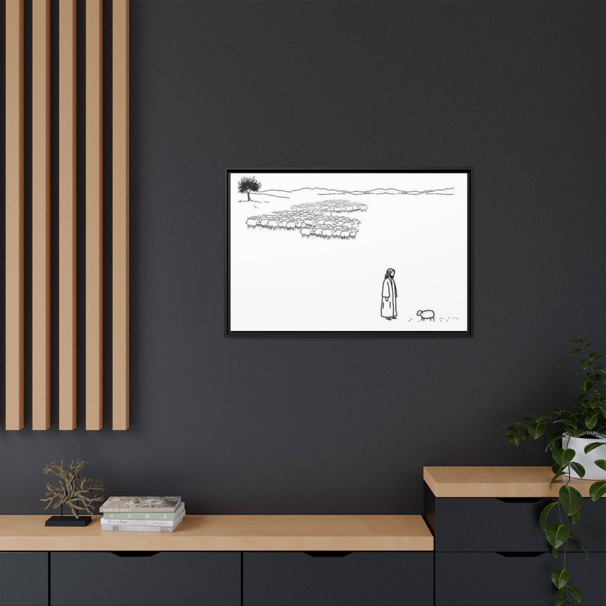 Framed Matte Canvas Print — Minimal The Good Shepherd & Flock Line Art