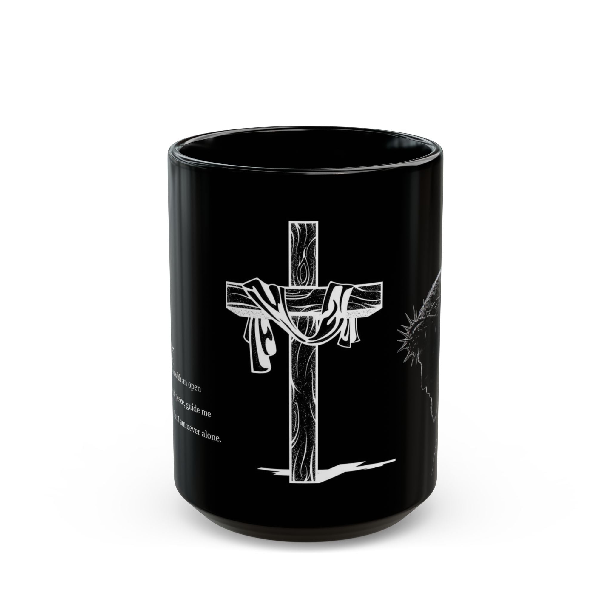 Christian Cross & Crown of Thorns Black Coffee Mug — Inspirational Scripture Gift (11oz/15oz)