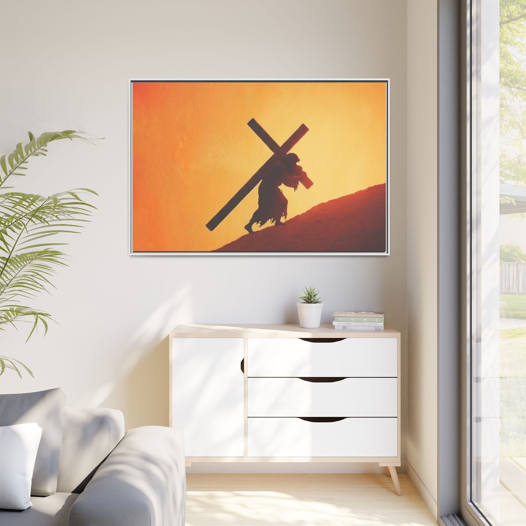 Jesus Christ Carrying Cross Framed Canvas — 'The World On His Shoulder' Sunset Art