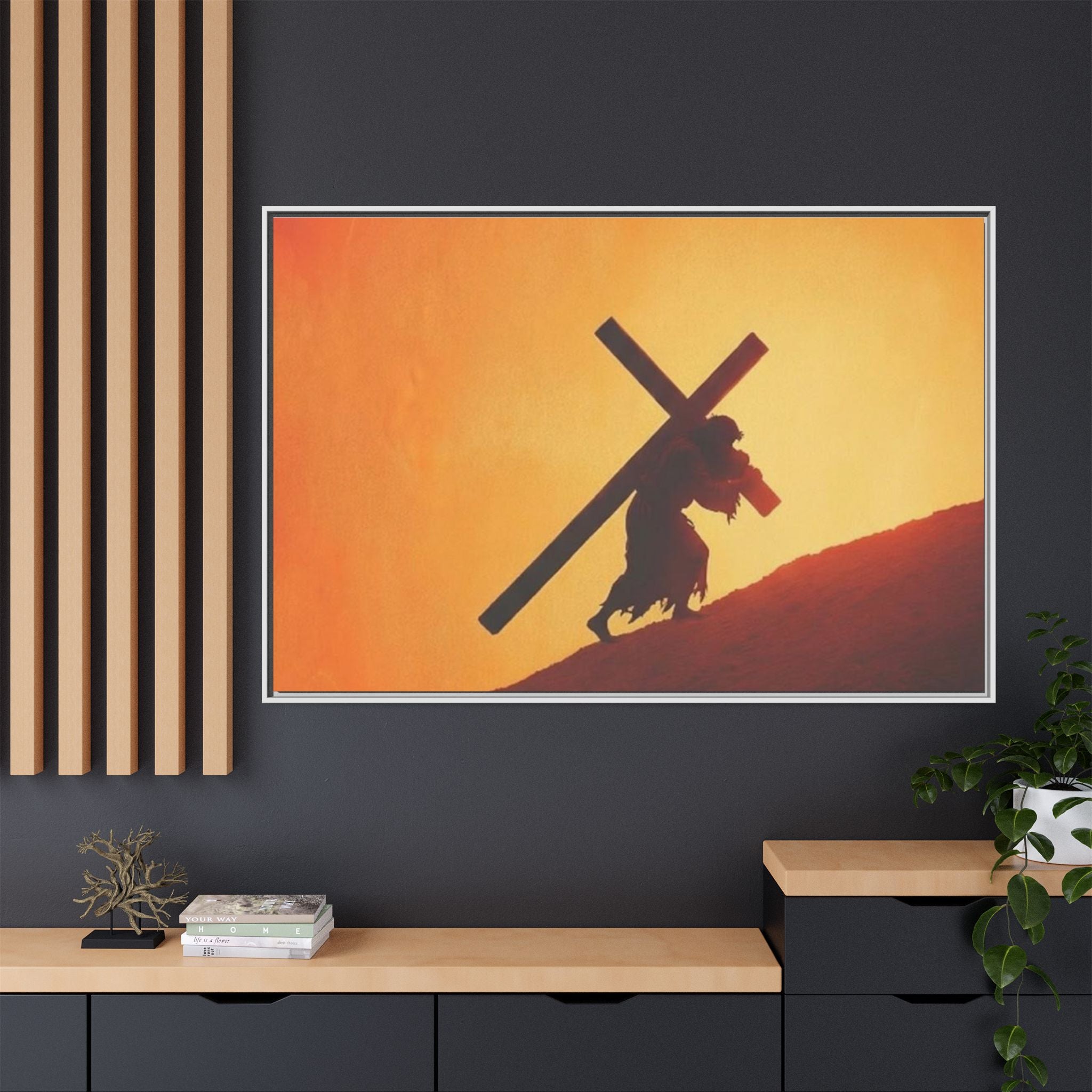 Jesus Christ Carrying Cross Framed Canvas — 'The World On His Shoulder' Sunset Art