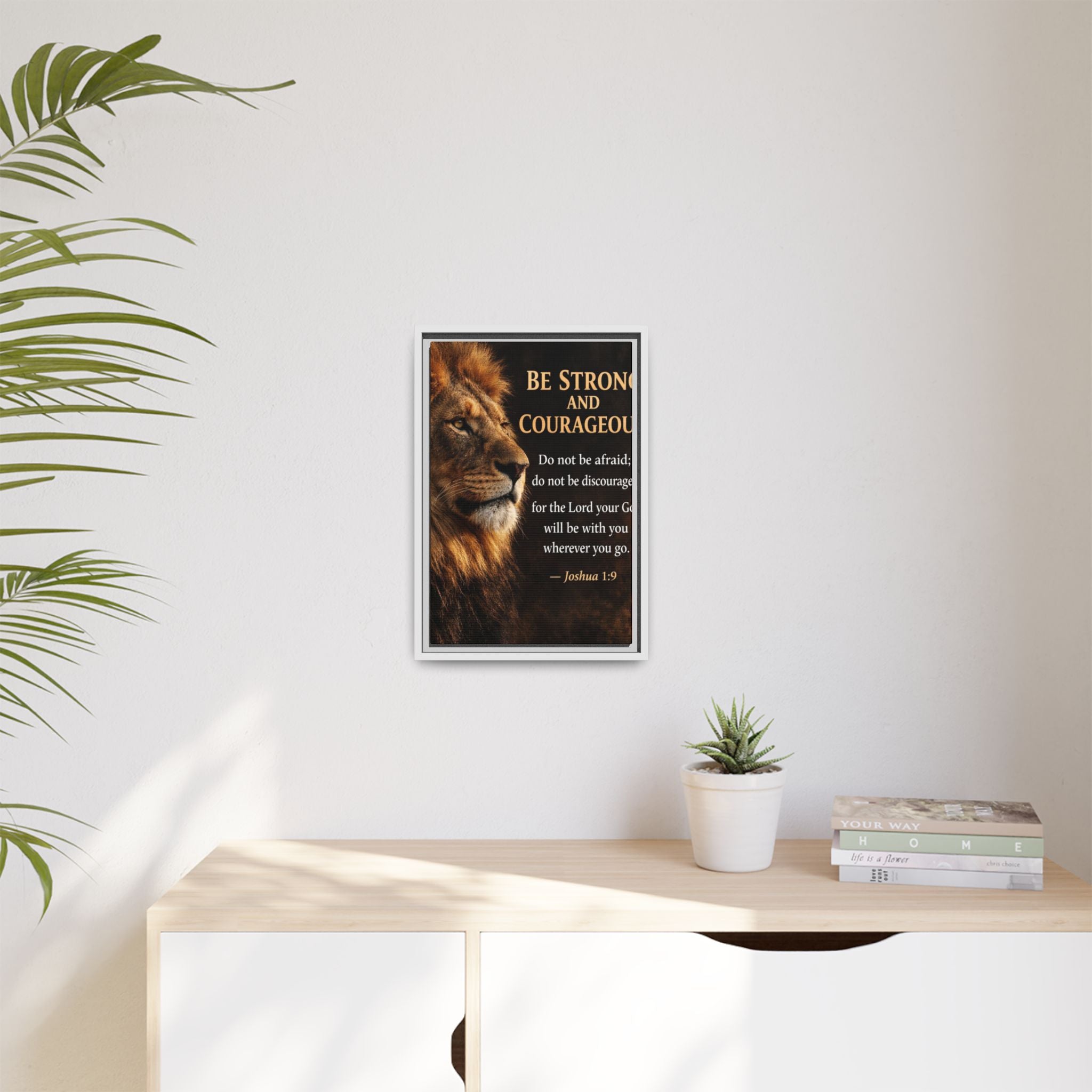 Framed Canvas Wall Art — "Be Strong and Courageous" Lion Joshua 1:9 Inspirational FAITH Art