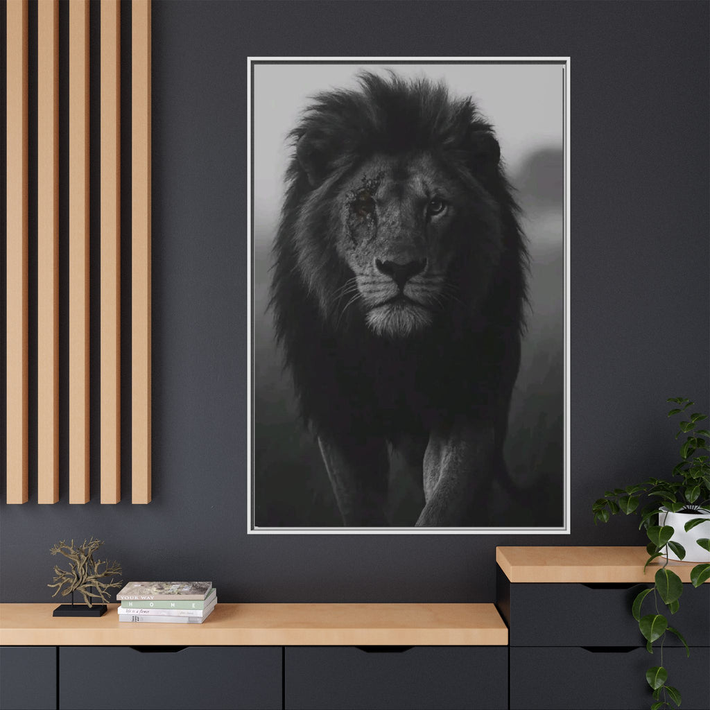 Framed Matte Canvas Lion Wall Art – Black & White Majestic Lion Print