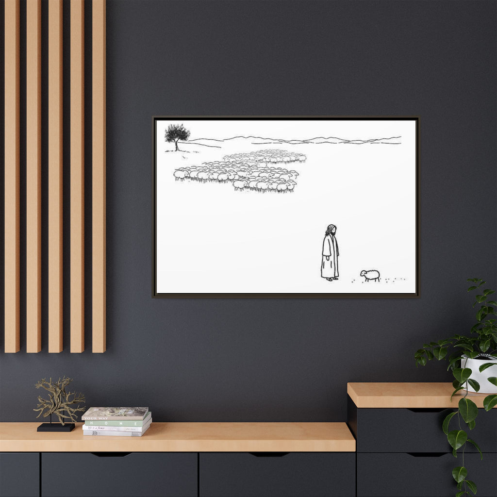 Framed Matte Canvas Print — Minimal The Good Shepherd & Flock Line Art