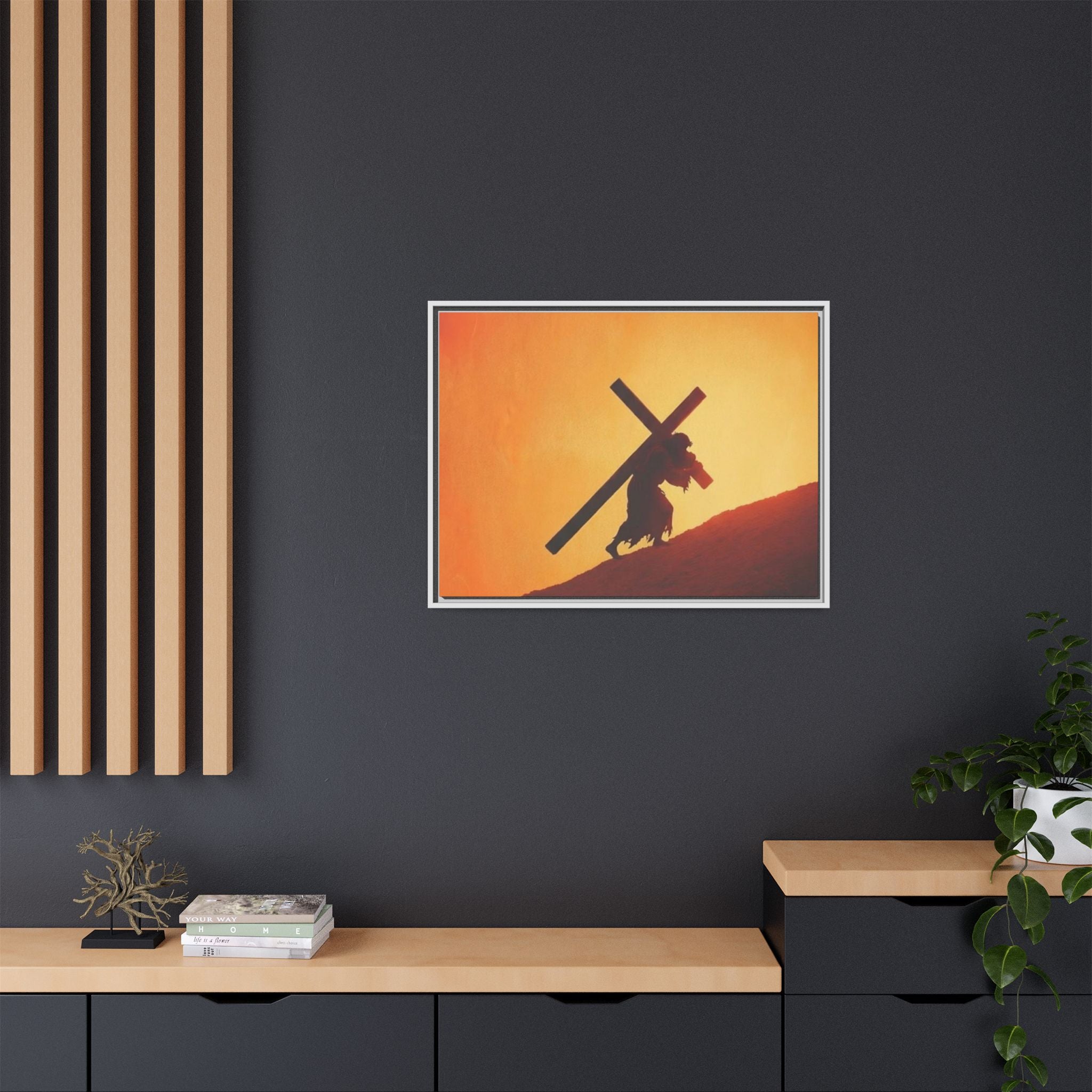Jesus Christ Carrying Cross Framed Canvas — 'The World On His Shoulder' Sunset Art