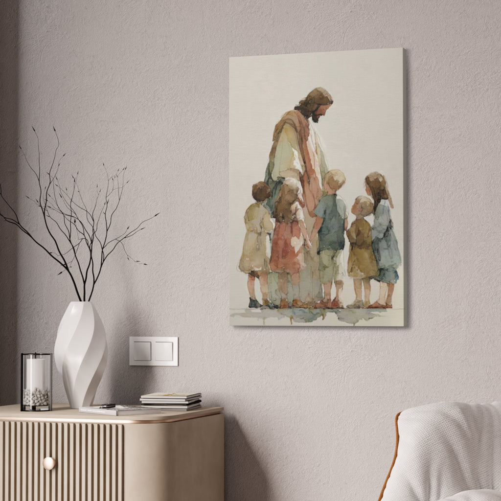 Faithful Father and Children Watercolor Canvas Print — Religious Nursery Wall Art