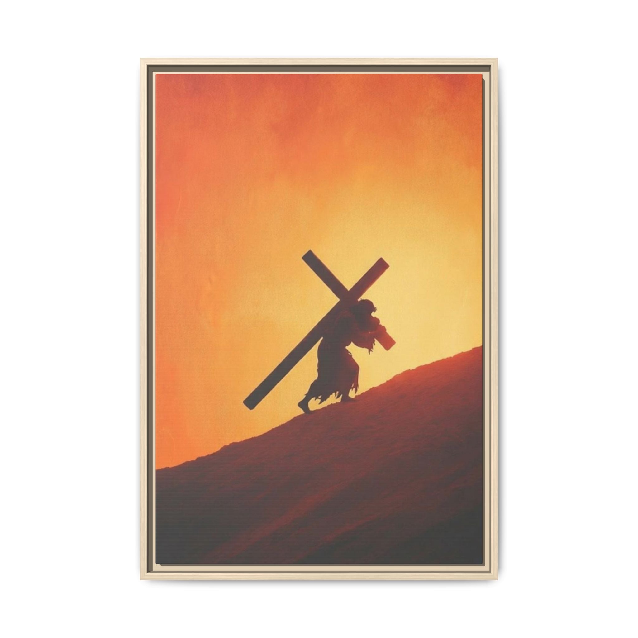 Jesus Christ Carrying Cross Framed Canvas — 'The World On His Shoulder' Sunset Art