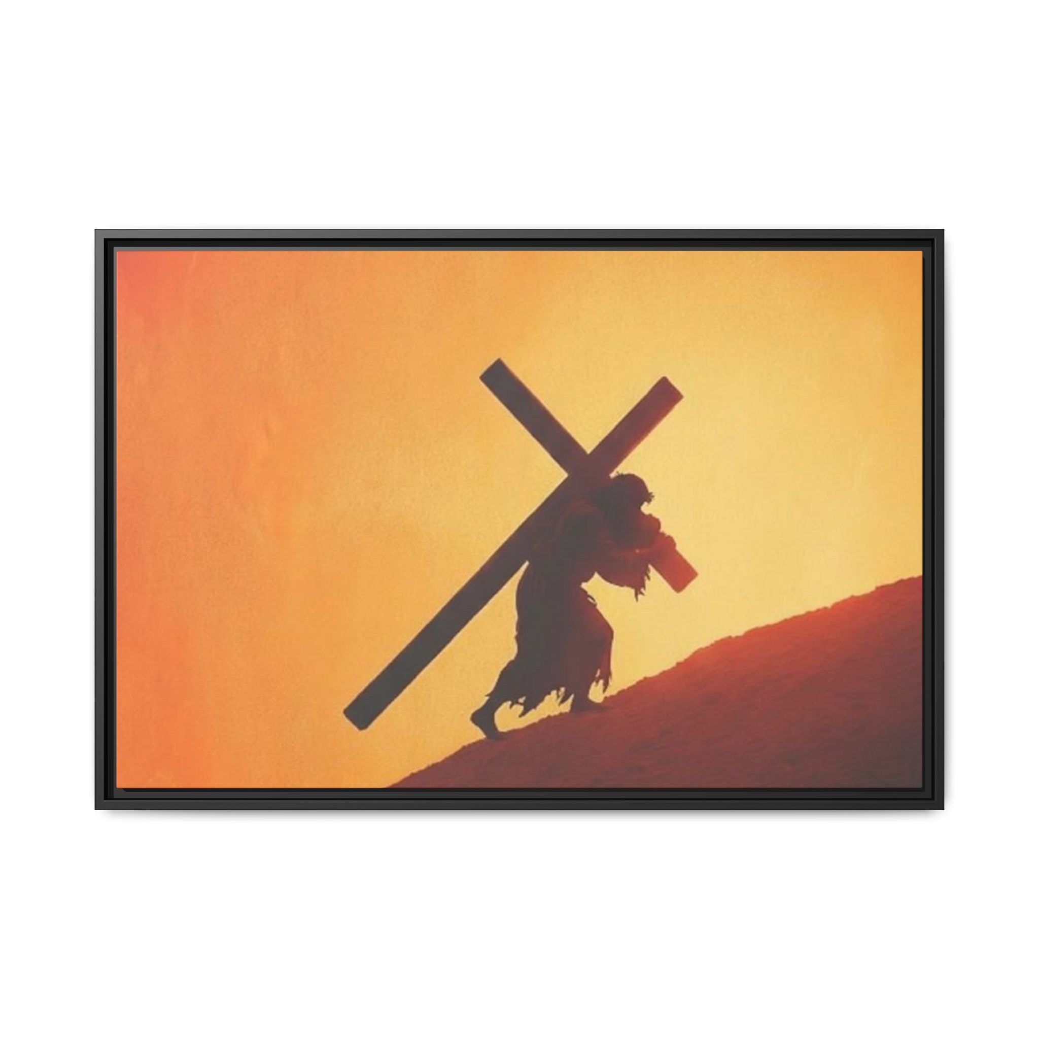 Jesus Christ Carrying Cross Framed Canvas — 'The World On His Shoulder' Sunset Art