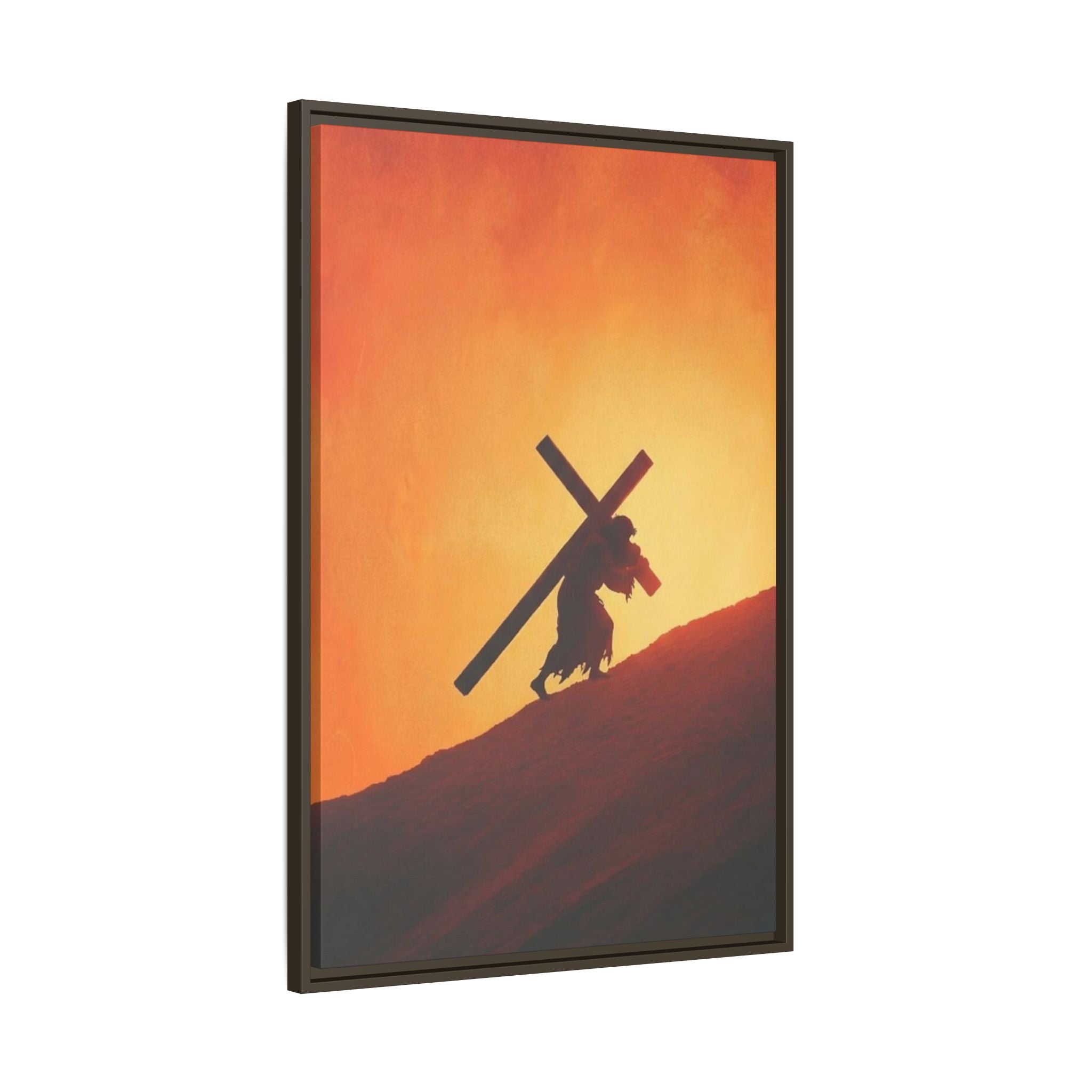 Jesus Christ Carrying Cross Framed Canvas — 'The World On His Shoulder' Sunset Art