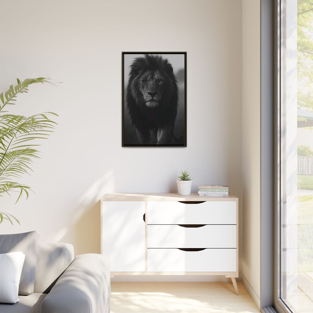 Framed Matte Canvas Lion Wall Art – Black & White Majestic Lion Print