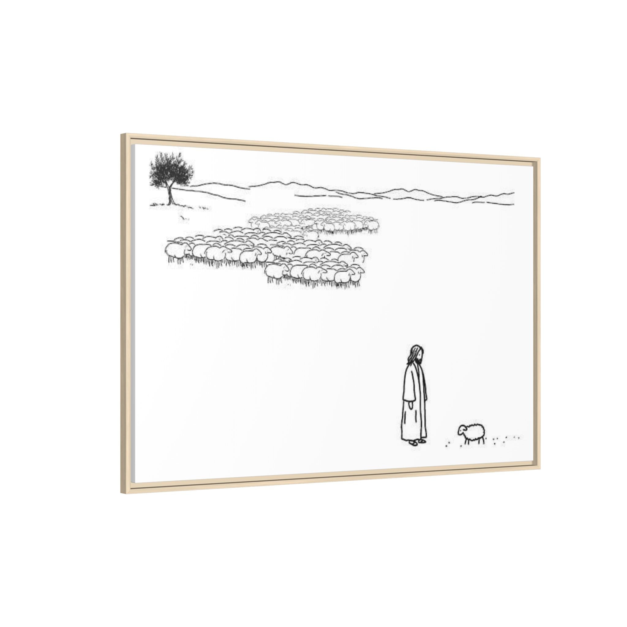 Framed Matte Canvas Print — Minimal The Good Shepherd & Flock Line Art