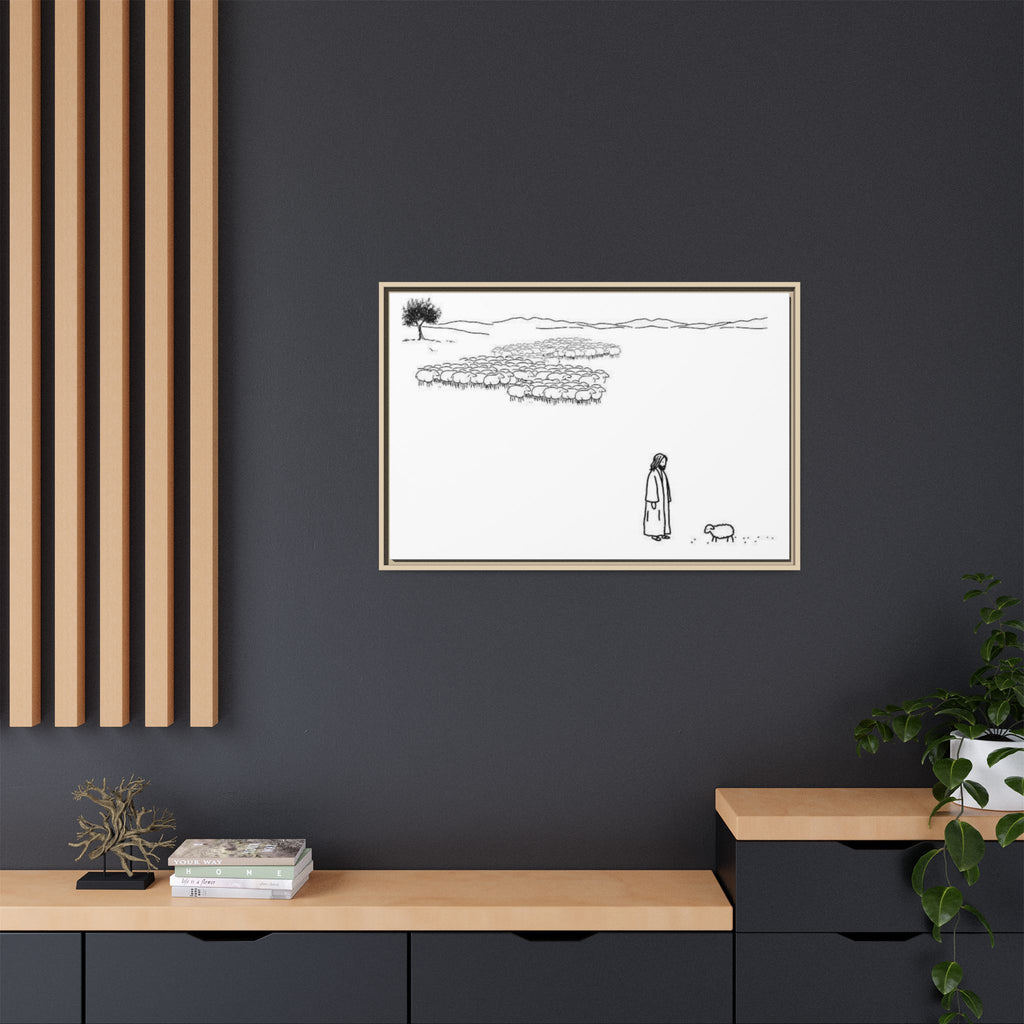 Framed Matte Canvas Print — Minimal The Good Shepherd & Flock Line Art