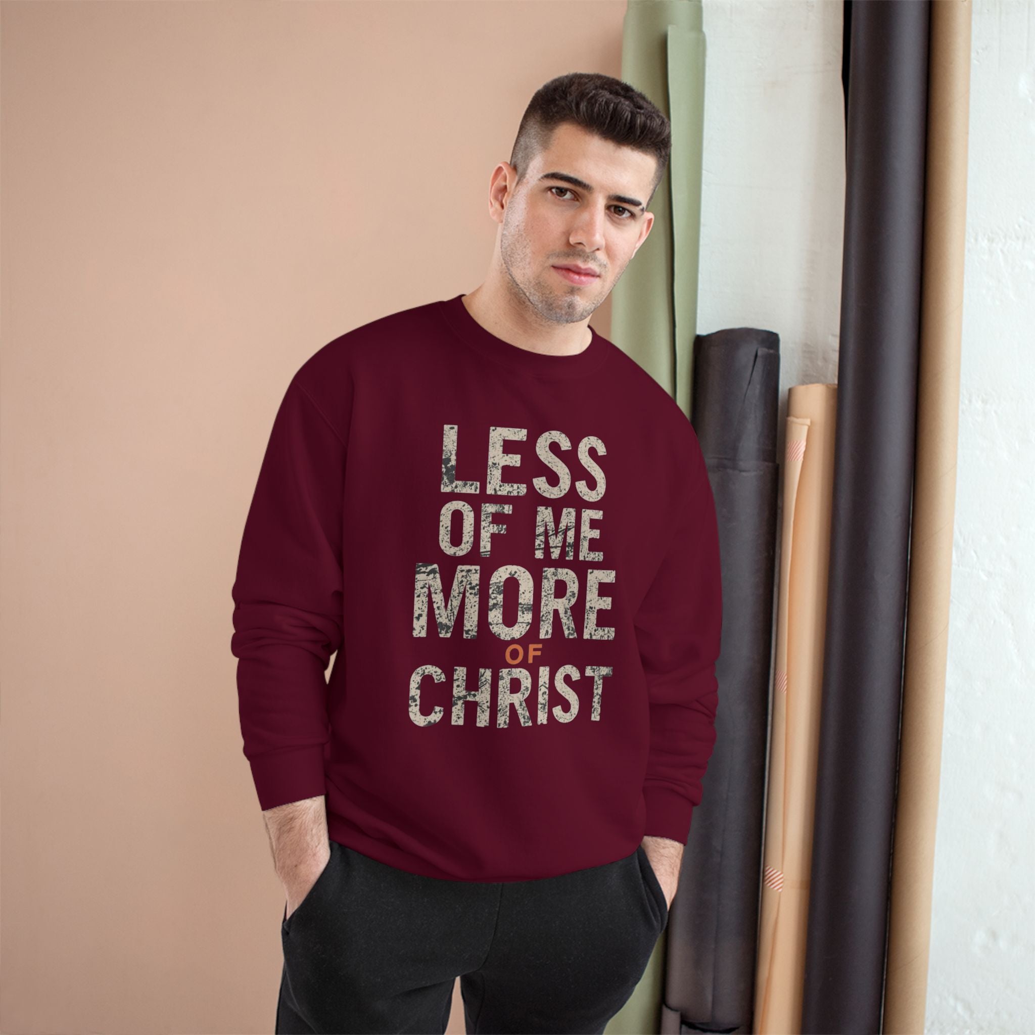 Christian Sweatshirt — "Less of Me, More of Christ" Inspirational Crewneck