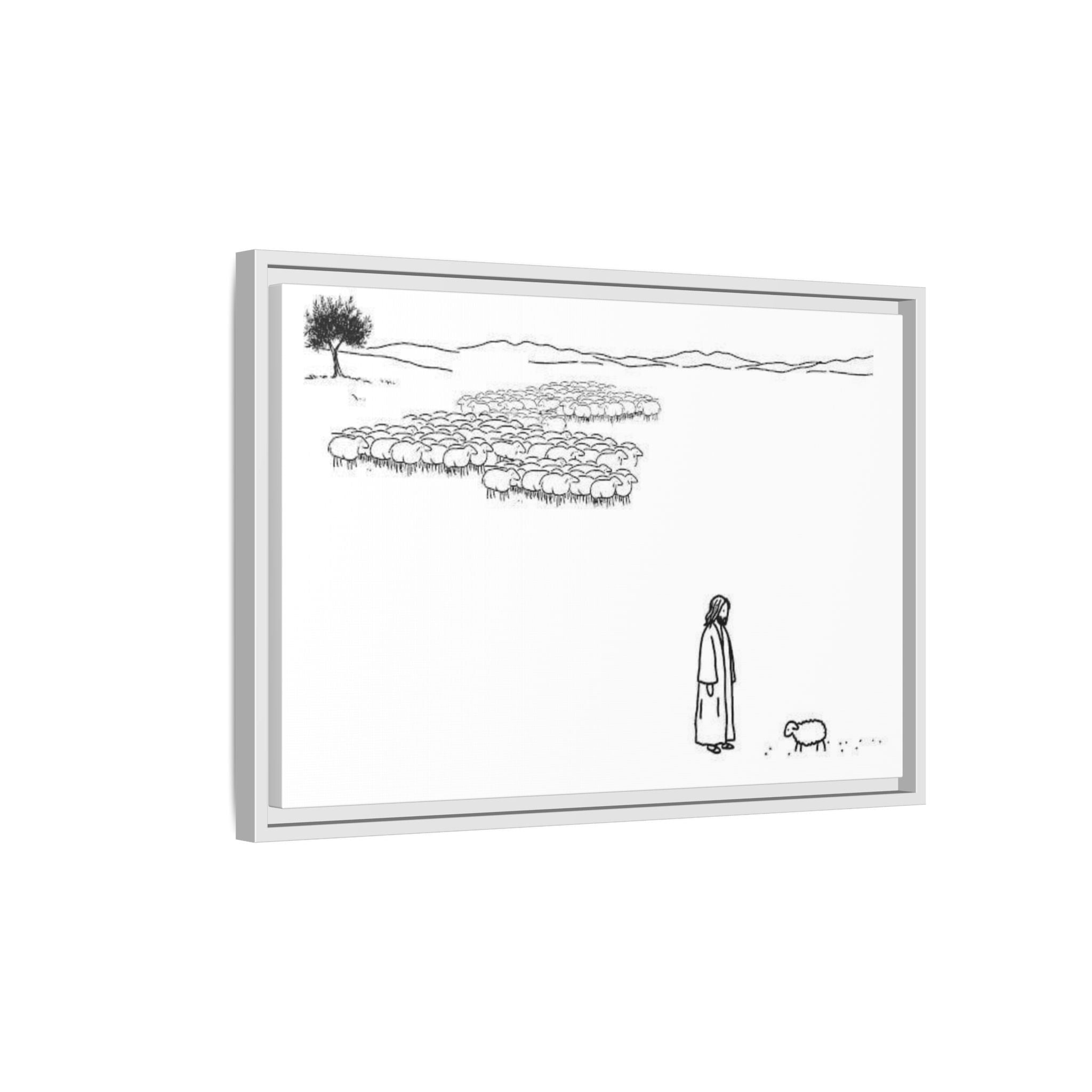 Framed Matte Canvas Print — Minimal The Good Shepherd & Flock Line Art