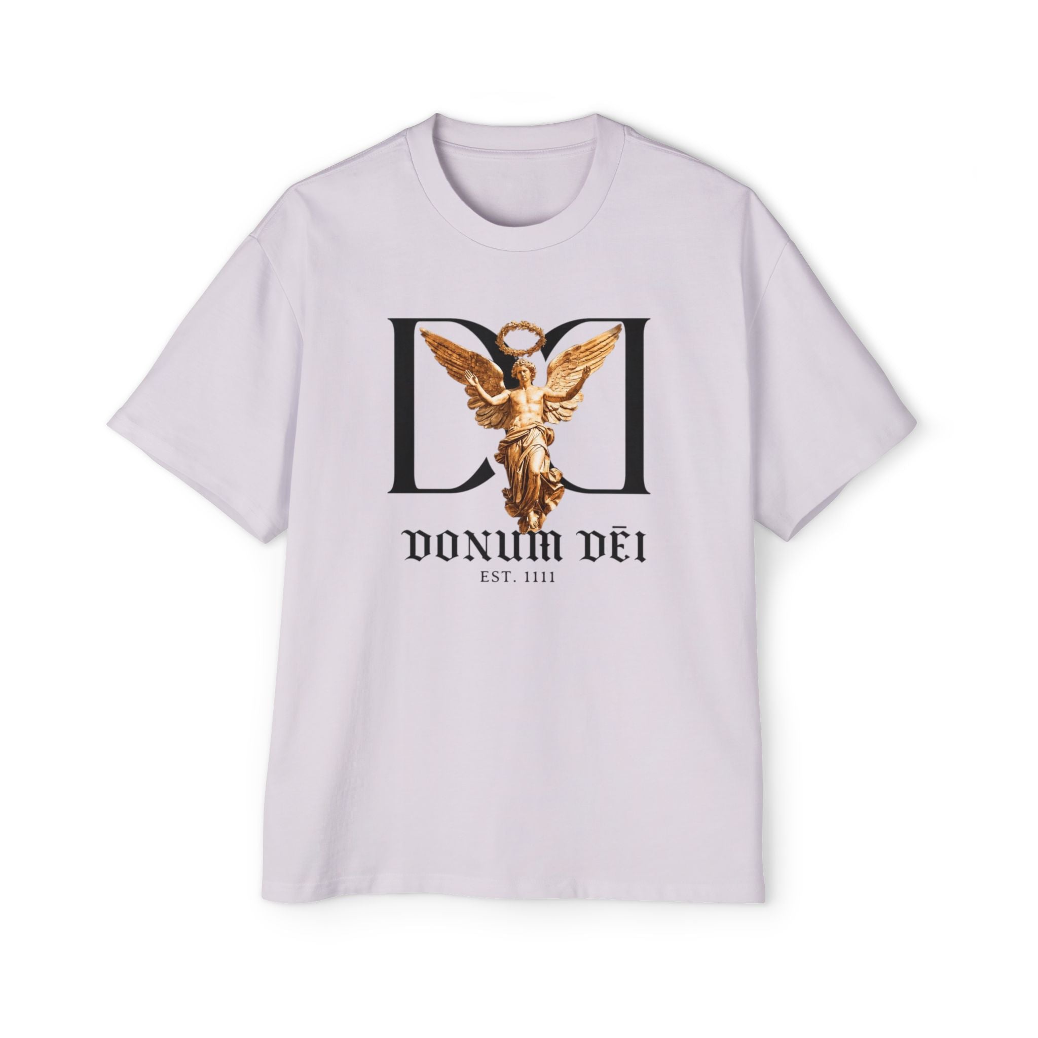 Donum Dei Angel Graphic Tee — Vintage Roman Lettering Men’s Oversized T‑Shirt