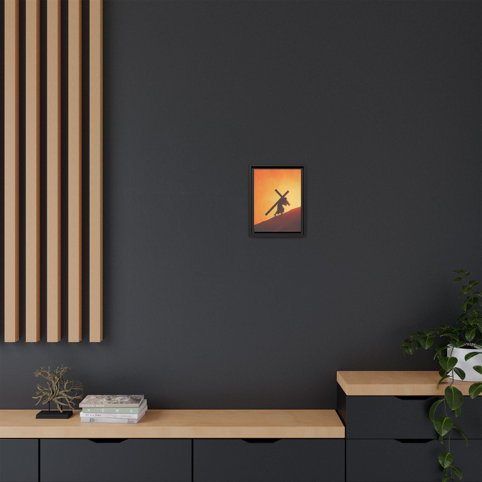 Jesus Christ Carrying Cross Framed Canvas — 'The World On His Shoulder' Sunset Art