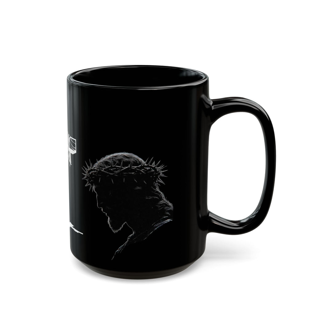 Christian Cross & Crown of Thorns Black Coffee Mug — Inspirational Scripture Gift (11oz/15oz)