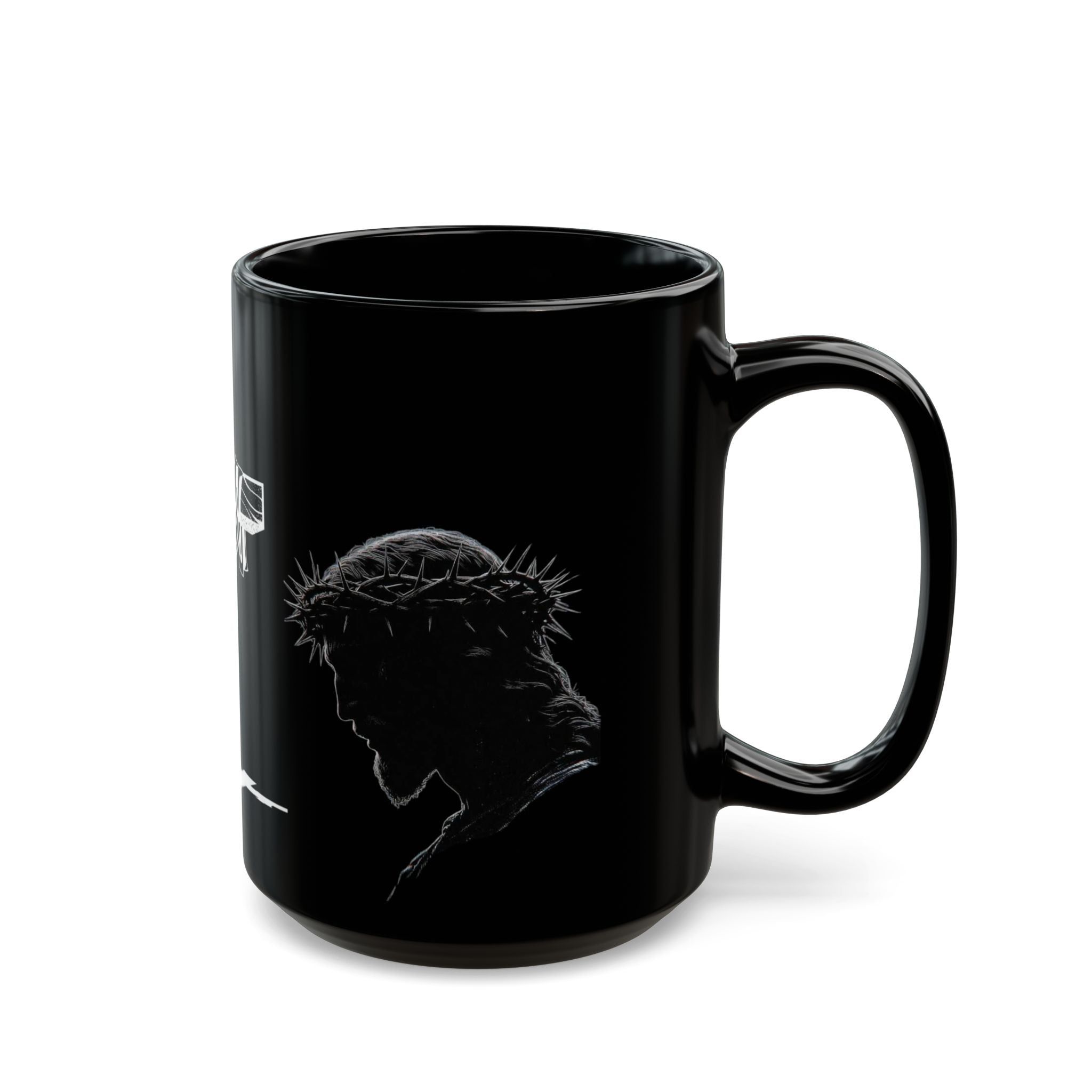 Christian Cross & Crown of Thorns Black Coffee Mug — Inspirational Scripture Gift (11oz/15oz)
