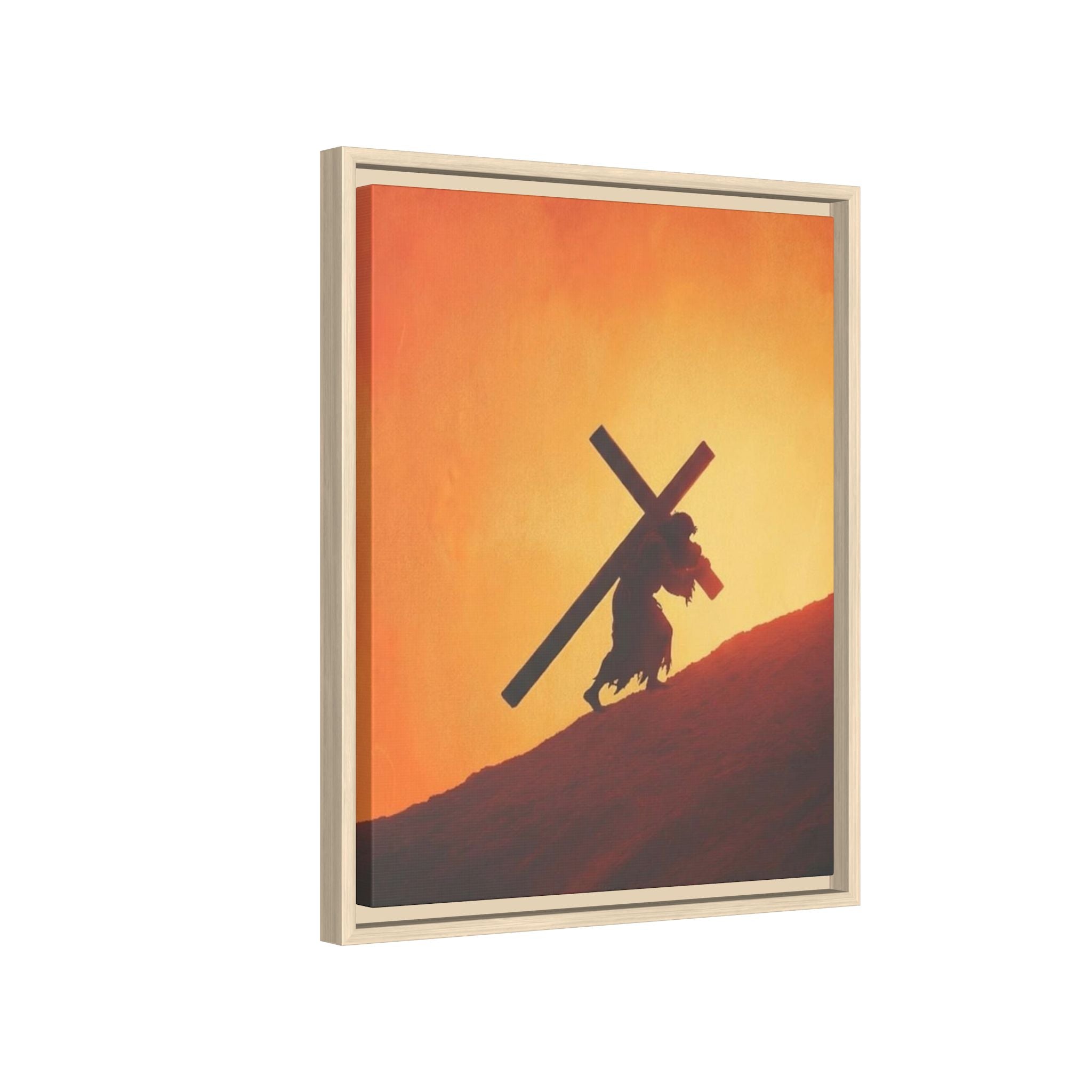 Jesus Christ Carrying Cross Framed Canvas — 'The World On His Shoulder' Sunset Art