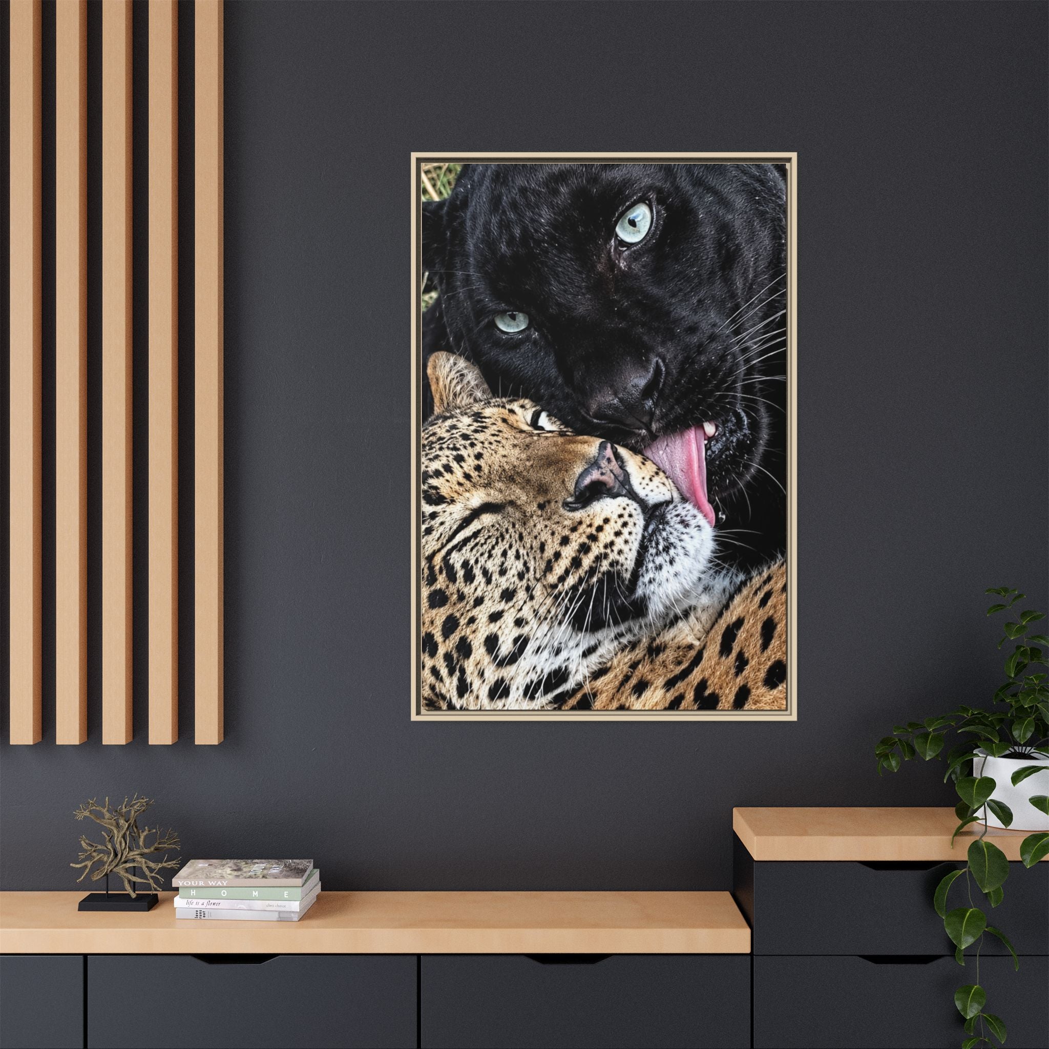 Big Cat Portrait Matte Canvas Framed — 'Perfect' Love-Themed Multi-Color Wall Art