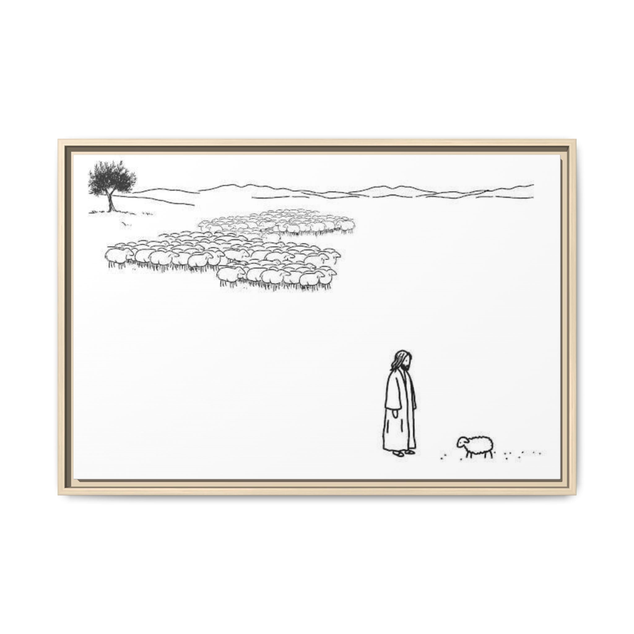 Framed Matte Canvas Print — Minimal The Good Shepherd & Flock Line Art