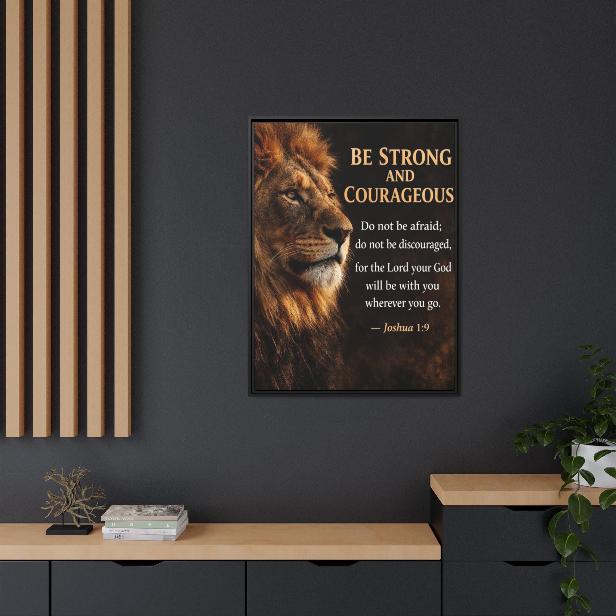 Framed Canvas Wall Art — "Be Strong and Courageous" Lion Joshua 1:9 Inspirational FAITH Art