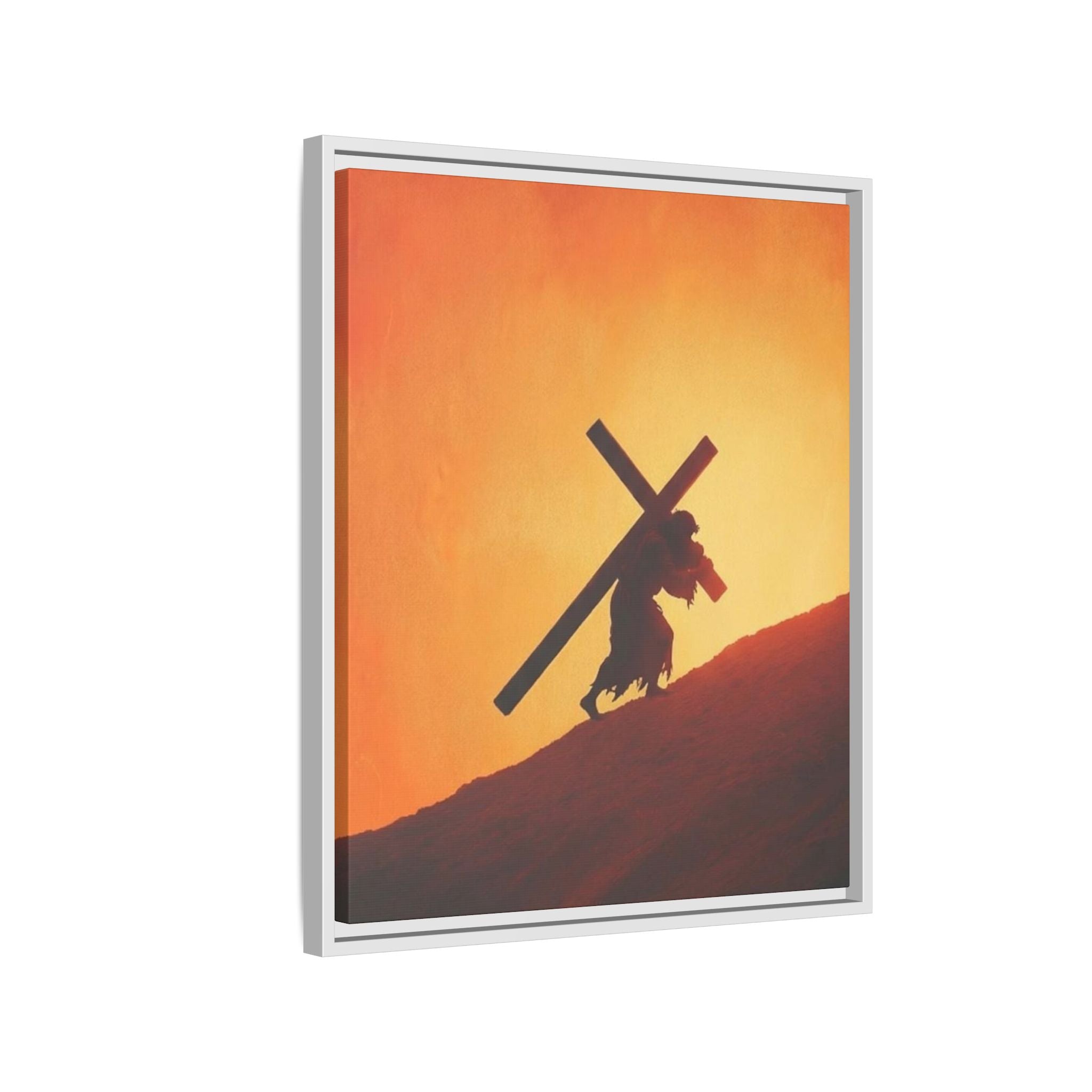 Jesus Christ Carrying Cross Framed Canvas — 'The World On His Shoulder' Sunset Art