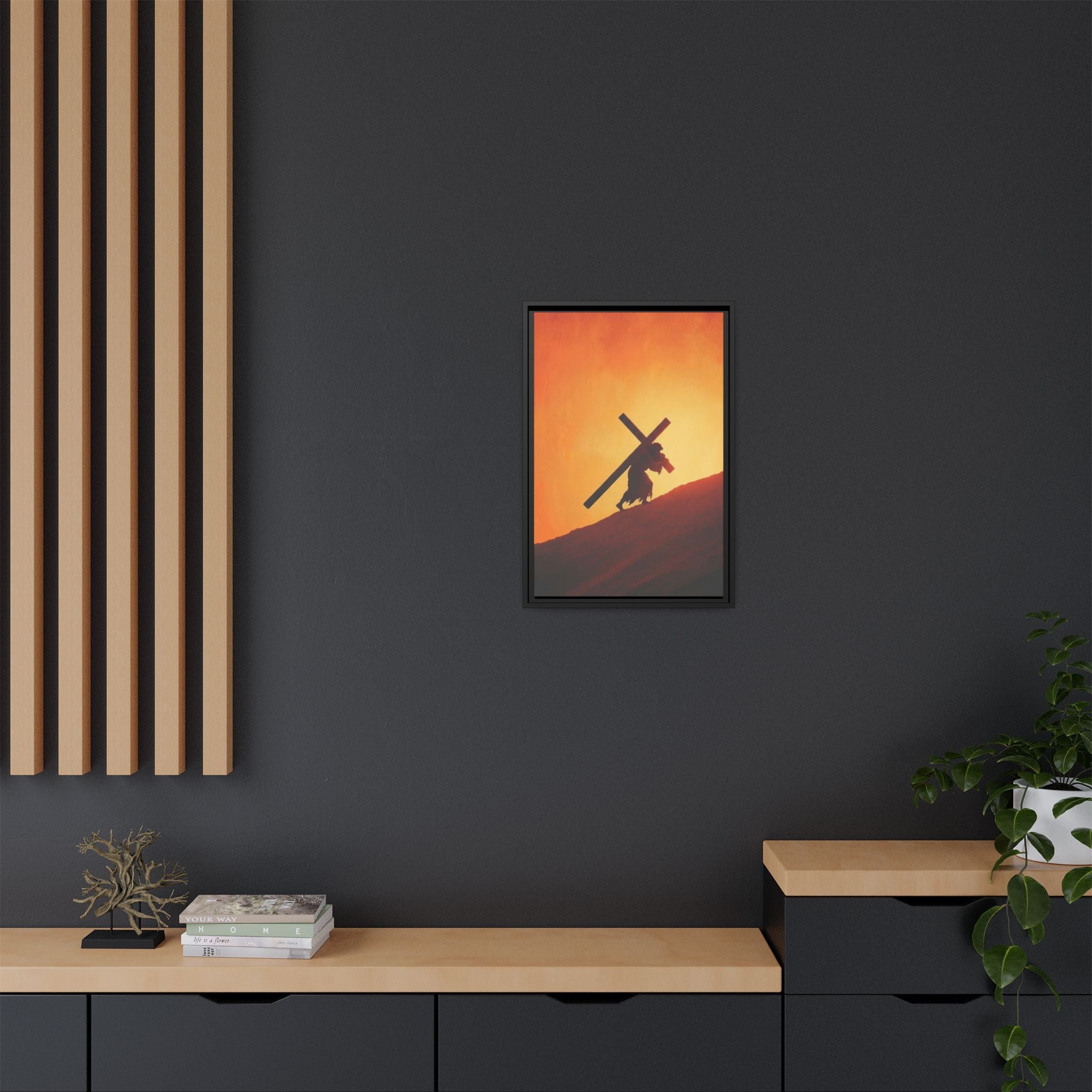 Jesus Christ Carrying Cross Framed Canvas — 'The World On His Shoulder' Sunset Art
