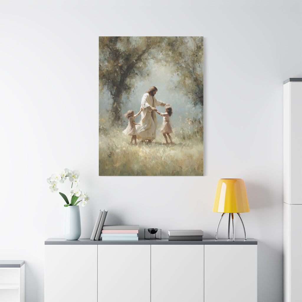 Jesus Dancing with Children Matte Canvas Wall Art — Religious Christian Home Decor