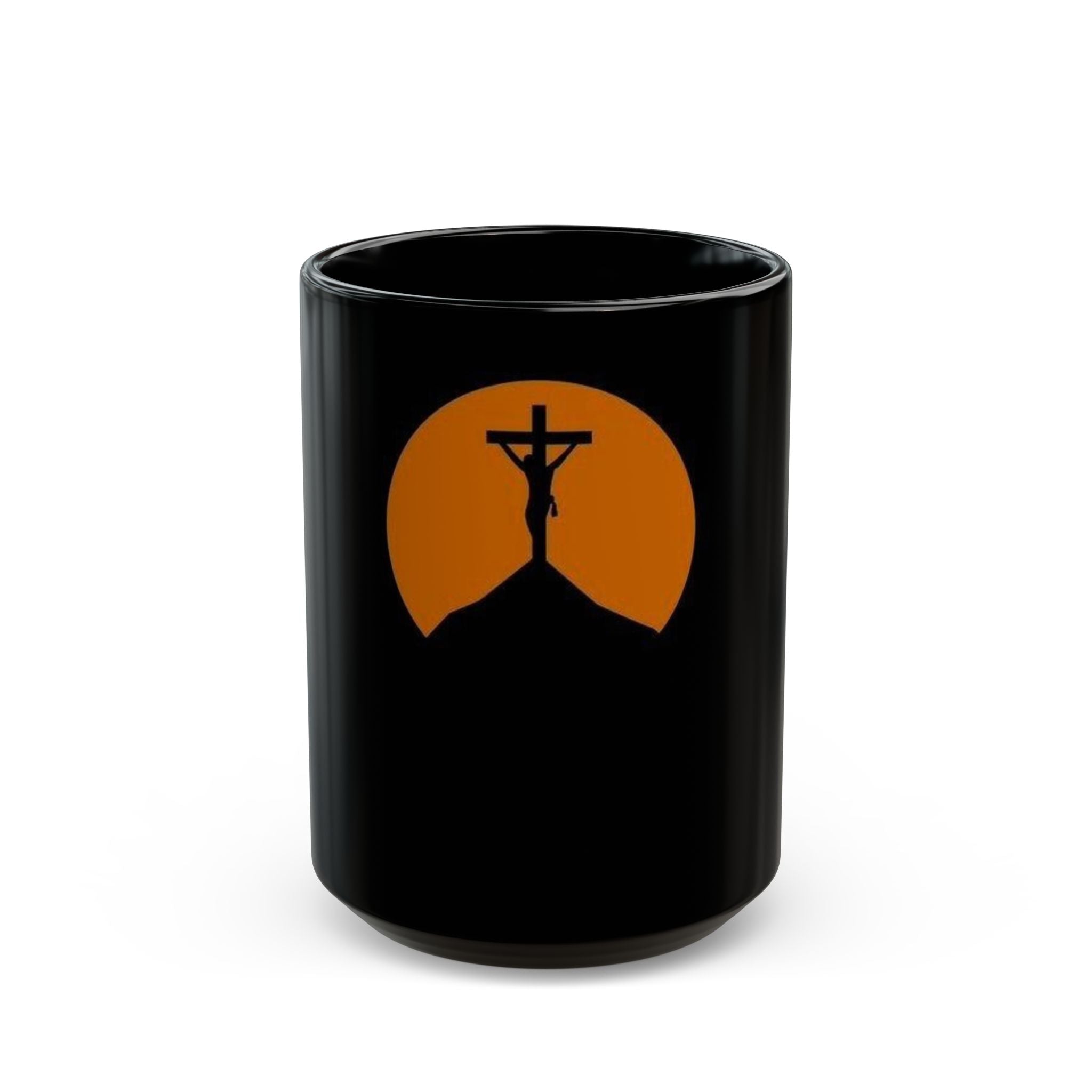 Christian Cross Silhouette Black Mug — Crucifix Sunset Coffee Cup (11oz & 15oz)