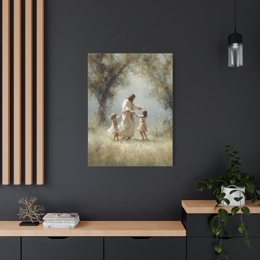 Jesus Dancing with Children Matte Canvas Wall Art — Religious Christian Home Decor